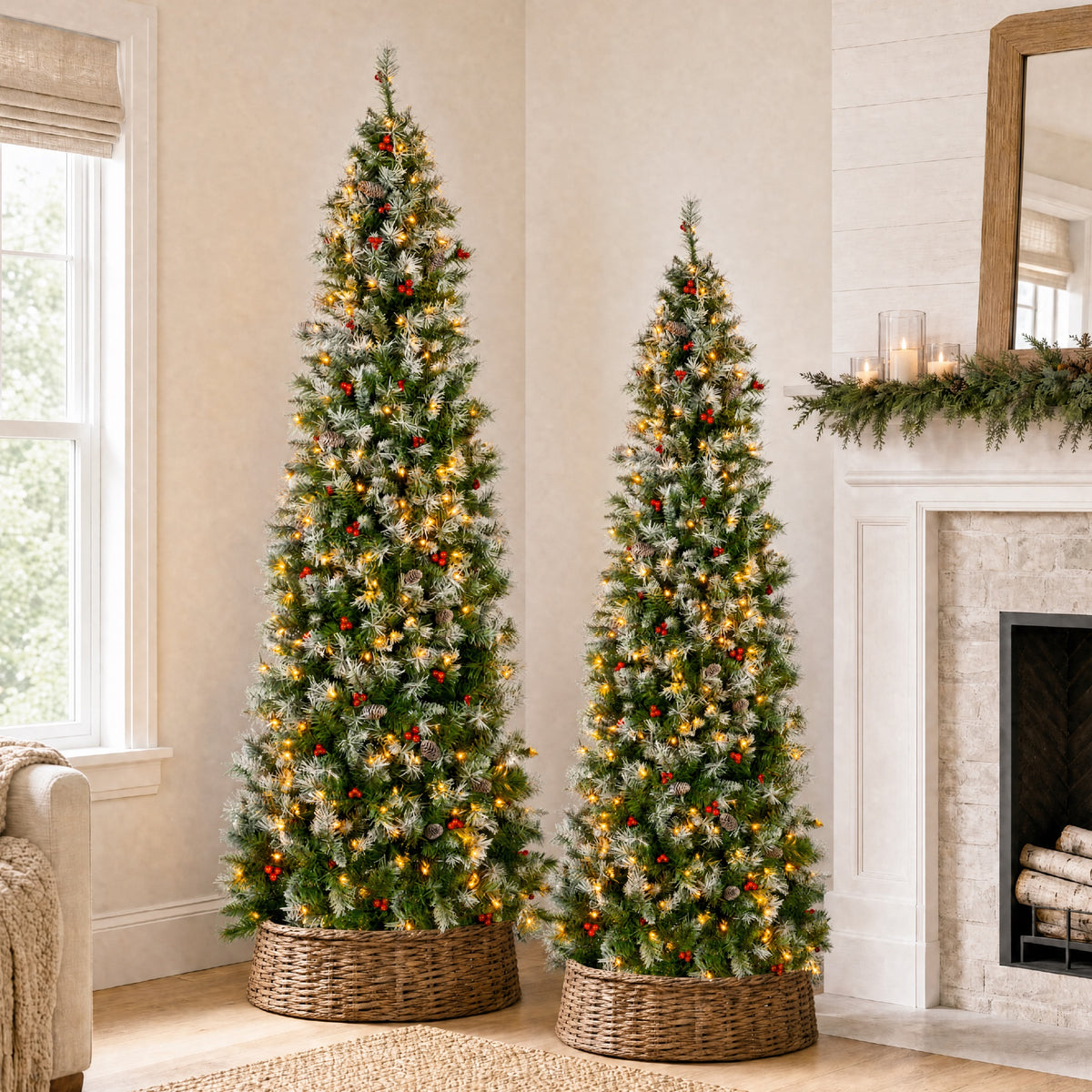 Pencil Christmas Tree PreLit Twinkling Lights PreDecorated Artificial Pine