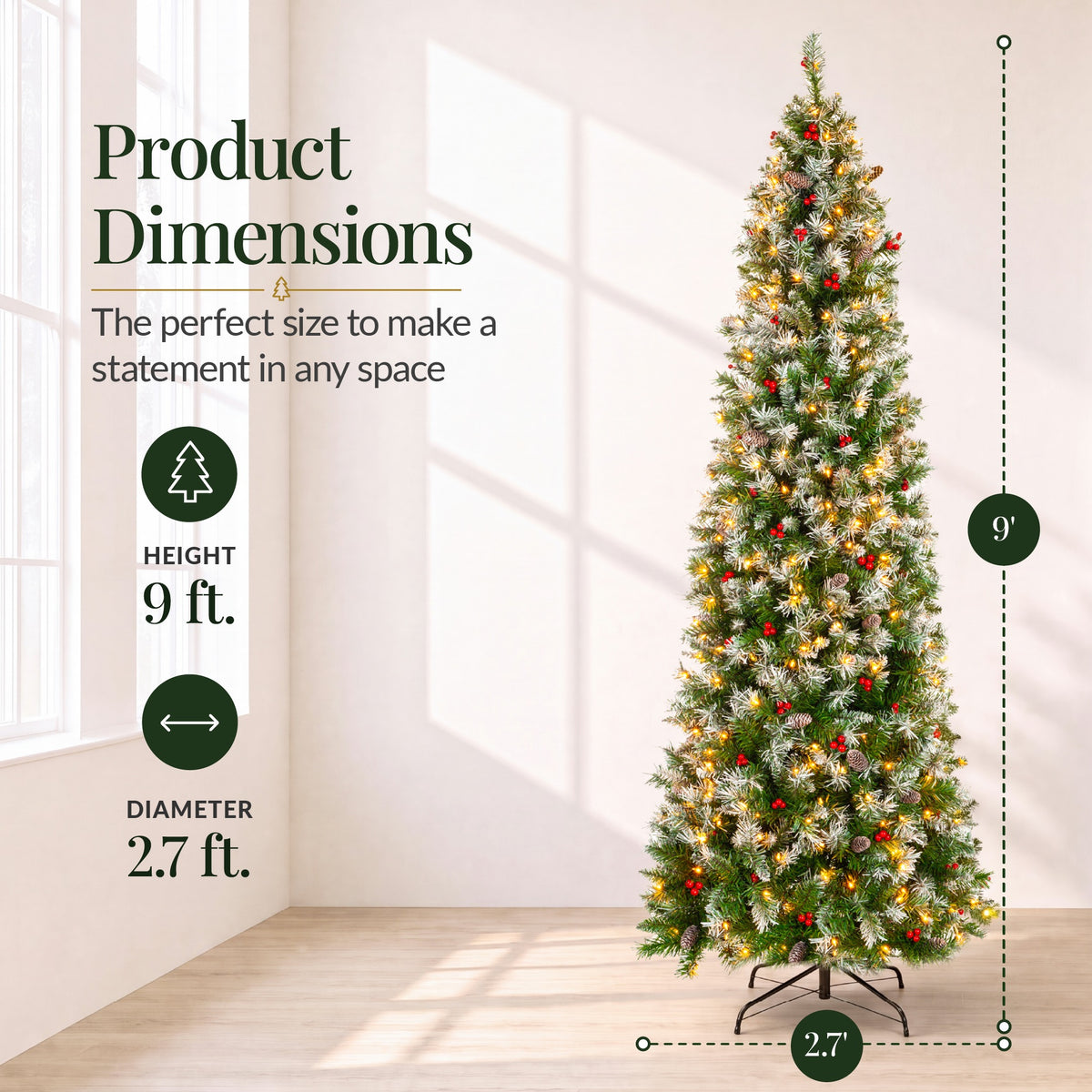 Pre-Lit Partially Flocked Spruce Pencil Tree w/ Berries, Pine Cones