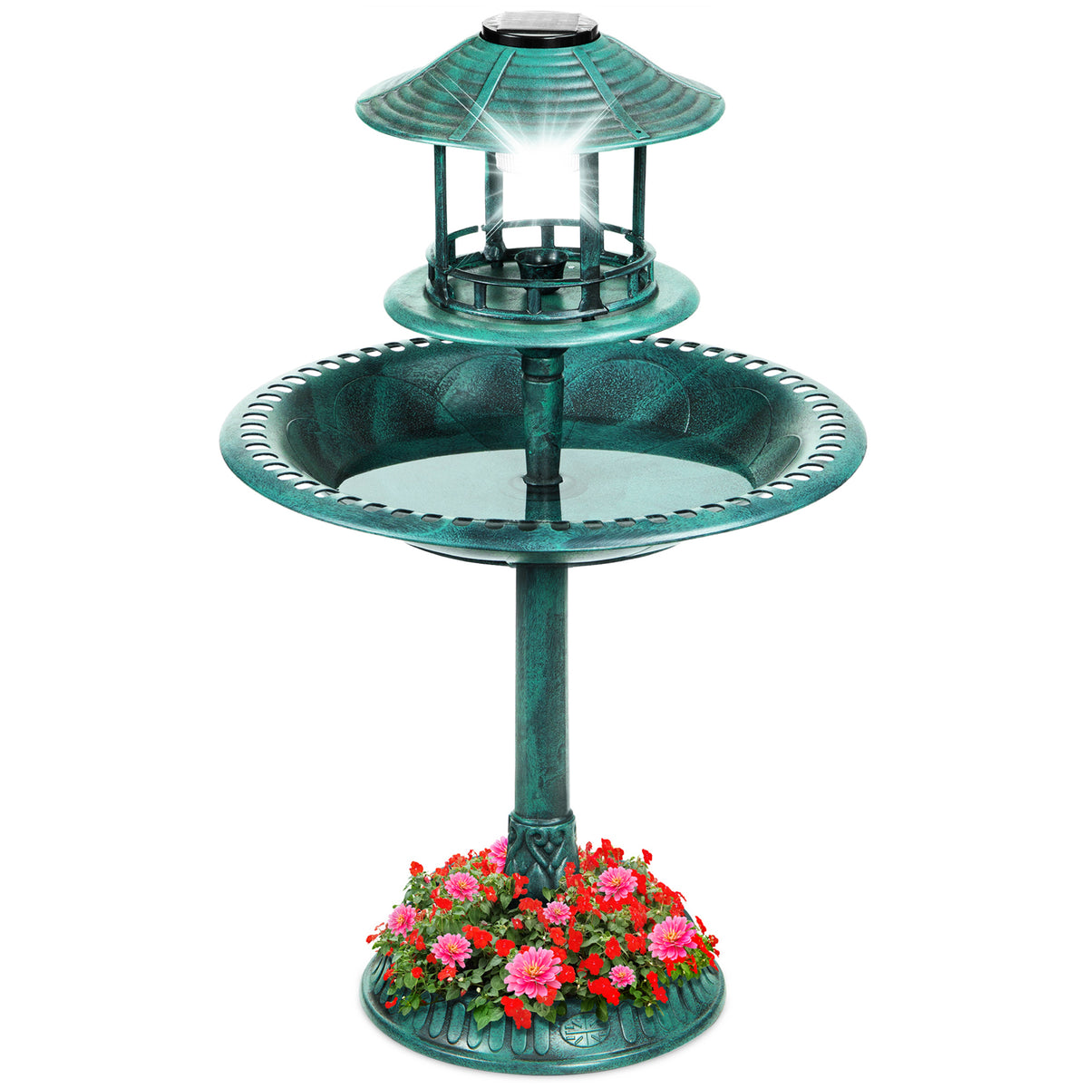 Solar Lighted Outdoor Pedestal Bird Bath w Planter Decorative Bird Cage