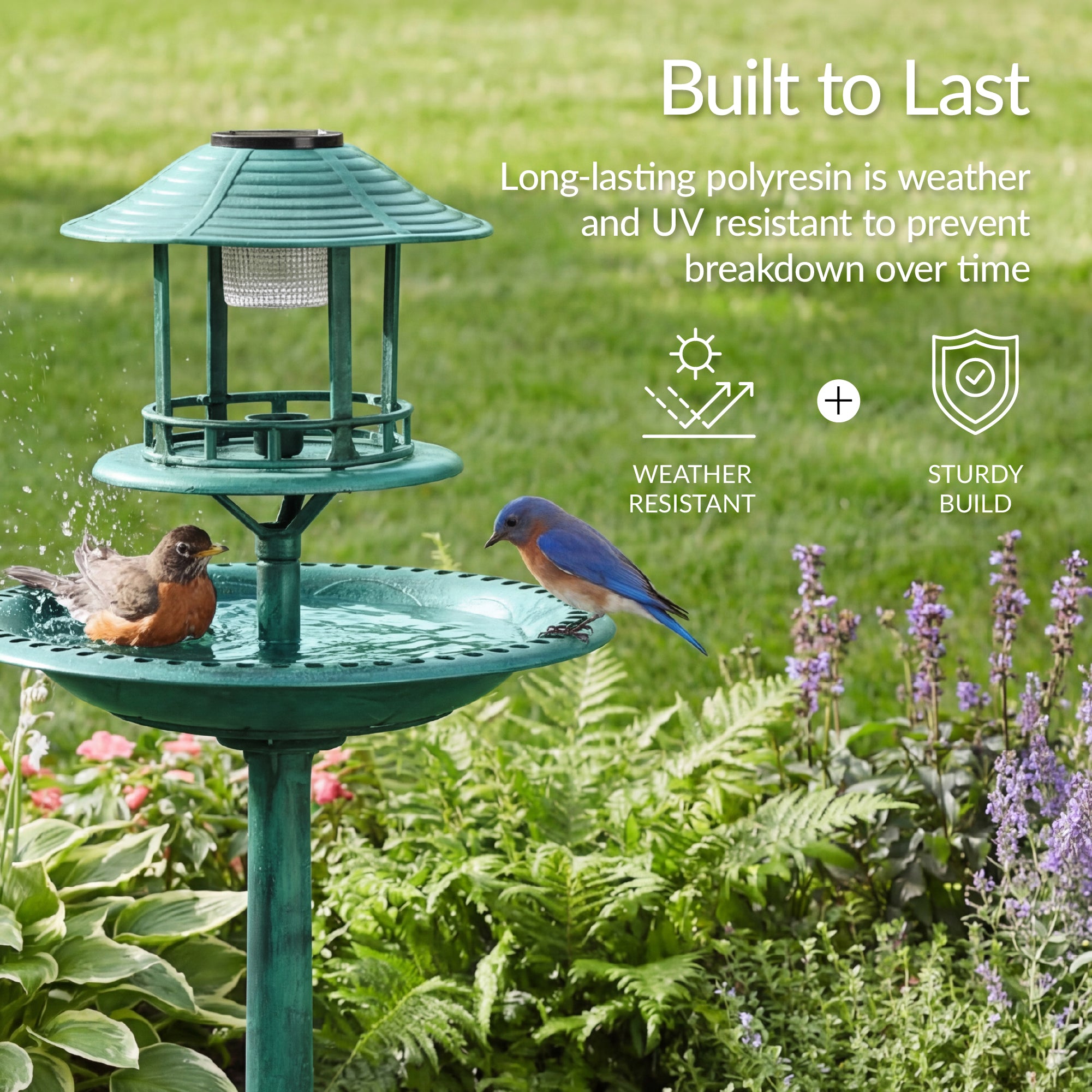 Solar Lighted Outdoor Pedestal Bird Bath w/ Planter, Decorative Bird Cage