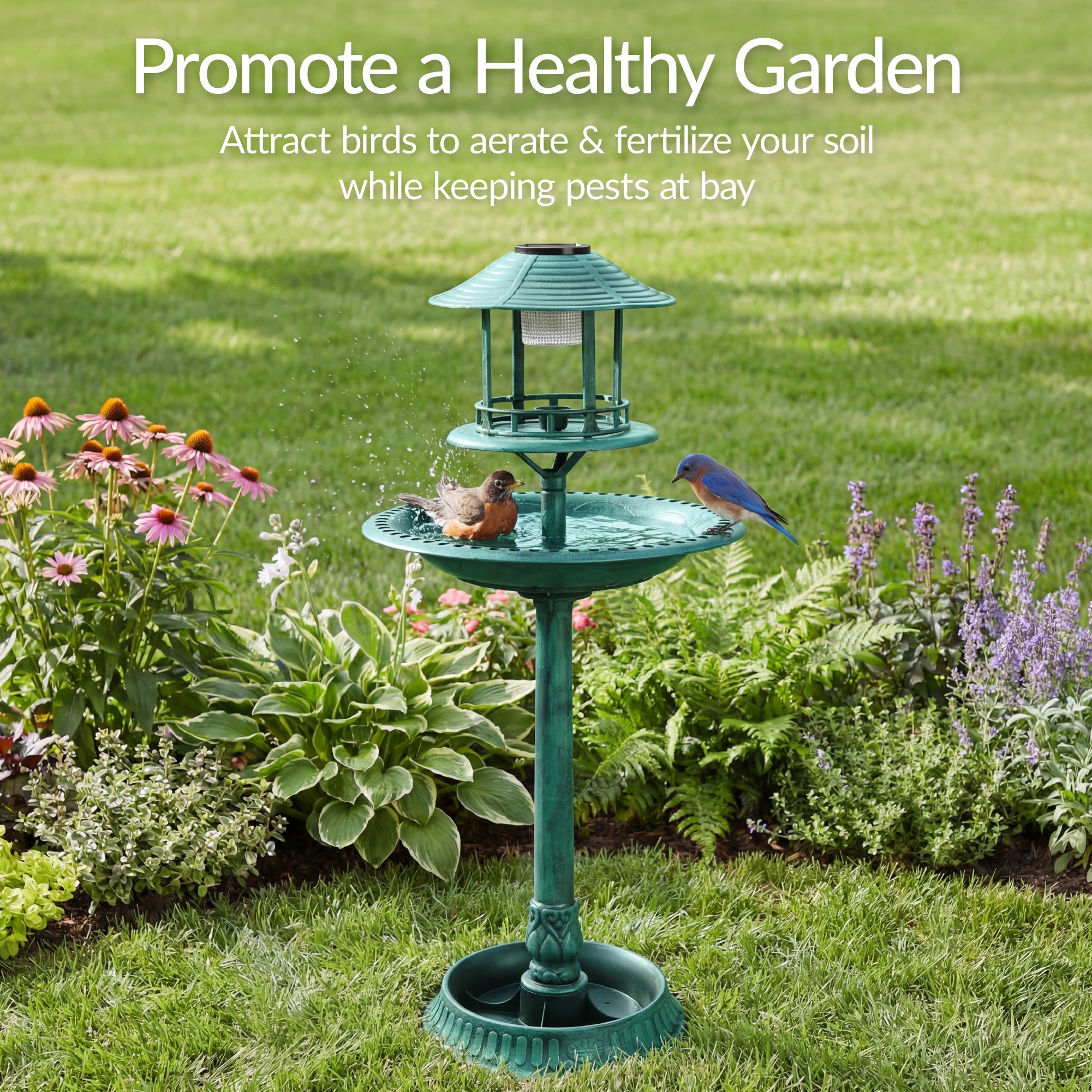 Solar Lighted Outdoor Pedestal Bird Bath w/ Planter, Decorative Bird Cage