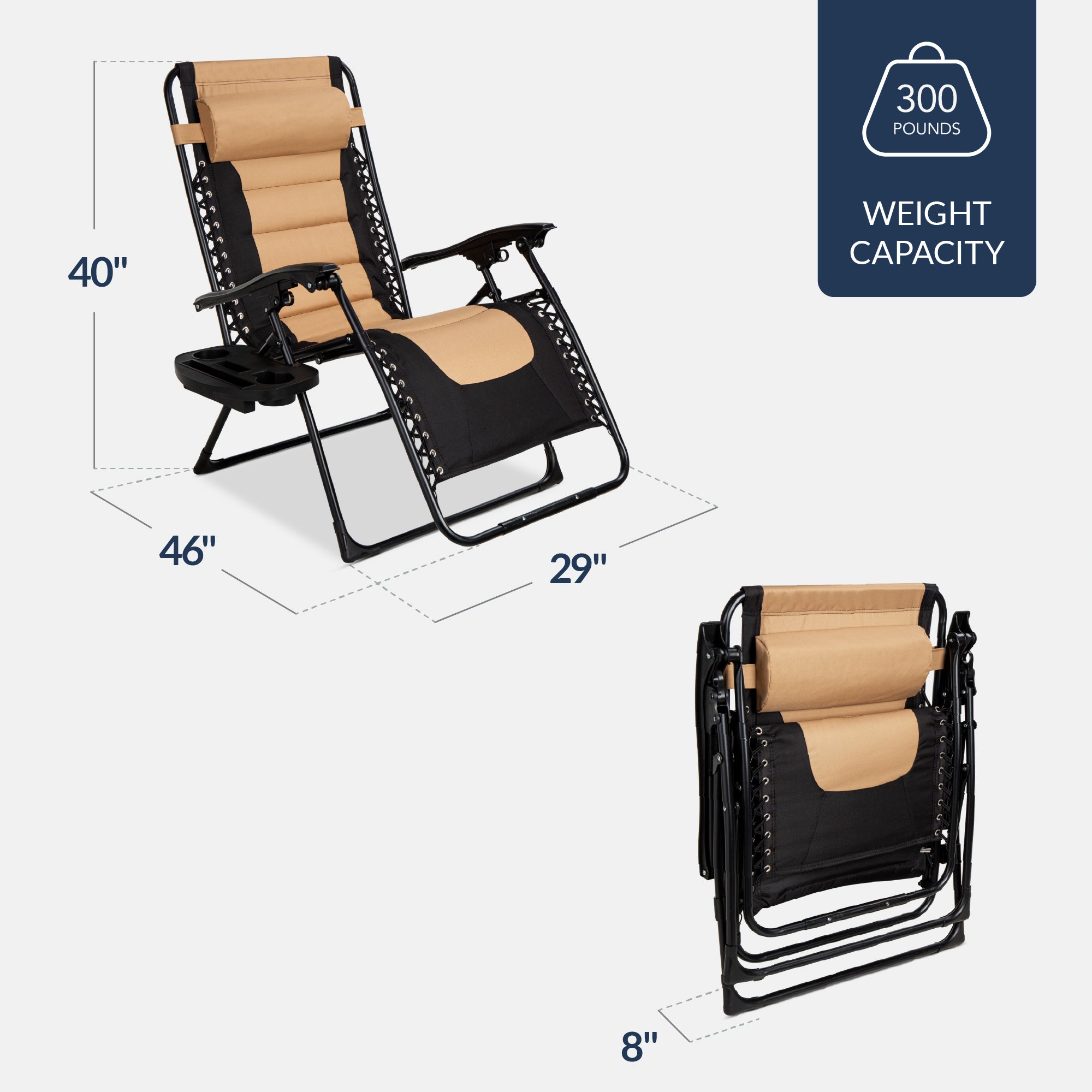 Oversized Padded Zero Gravity Chair, Folding Recliner w/ Headrest, Side Tray