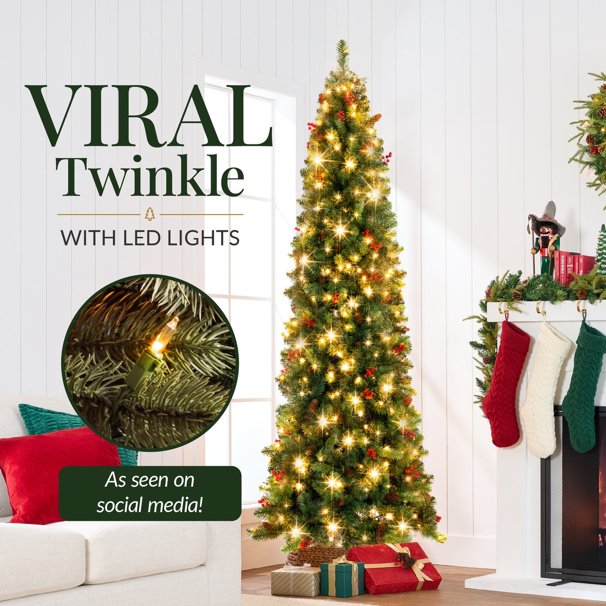 Pre-Lit Spruce Pencil Christmas Tree Pre-Decorated Pre-Lit w/Twinkling LEDs
