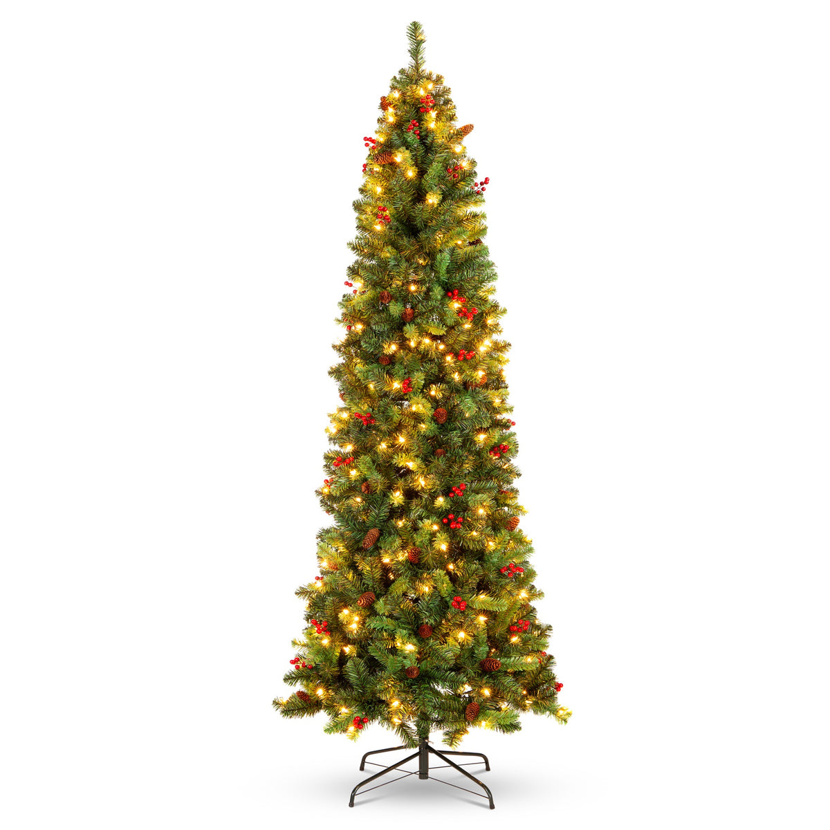 Pre-Lit Spruce Pencil Christmas Tree w/ Berries, Pine Cones