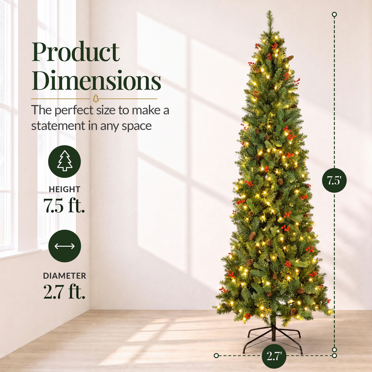 Pre-Lit Spruce Pencil Christmas Tree w/ Berries, Pine Cones