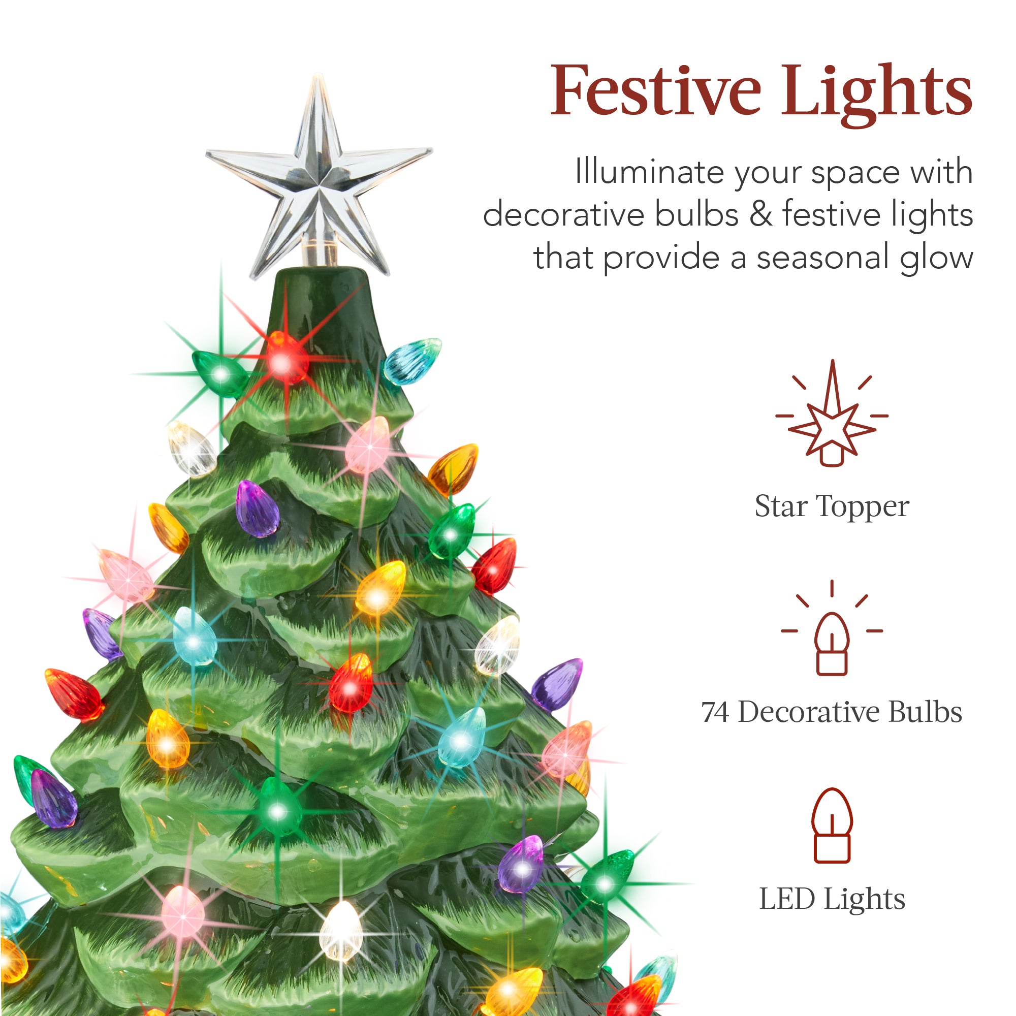 Lighted Ceramic Christmas Tree - Battery-Operated with Multi-Colored Lights  - 7.5 Inch