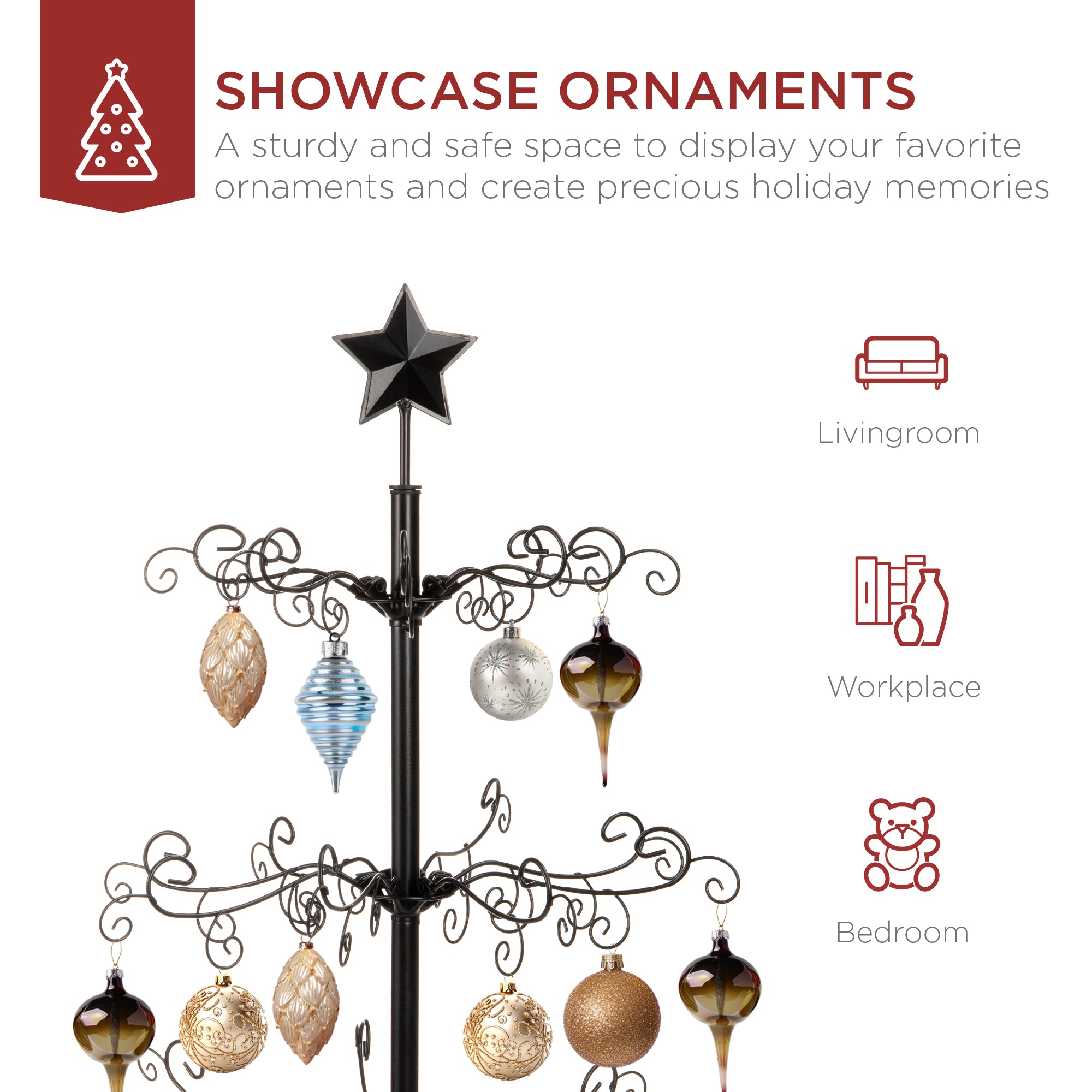Wrought Iron Christmas Tree Ornament Display w/ Easy Assembly, Stand - 3ft