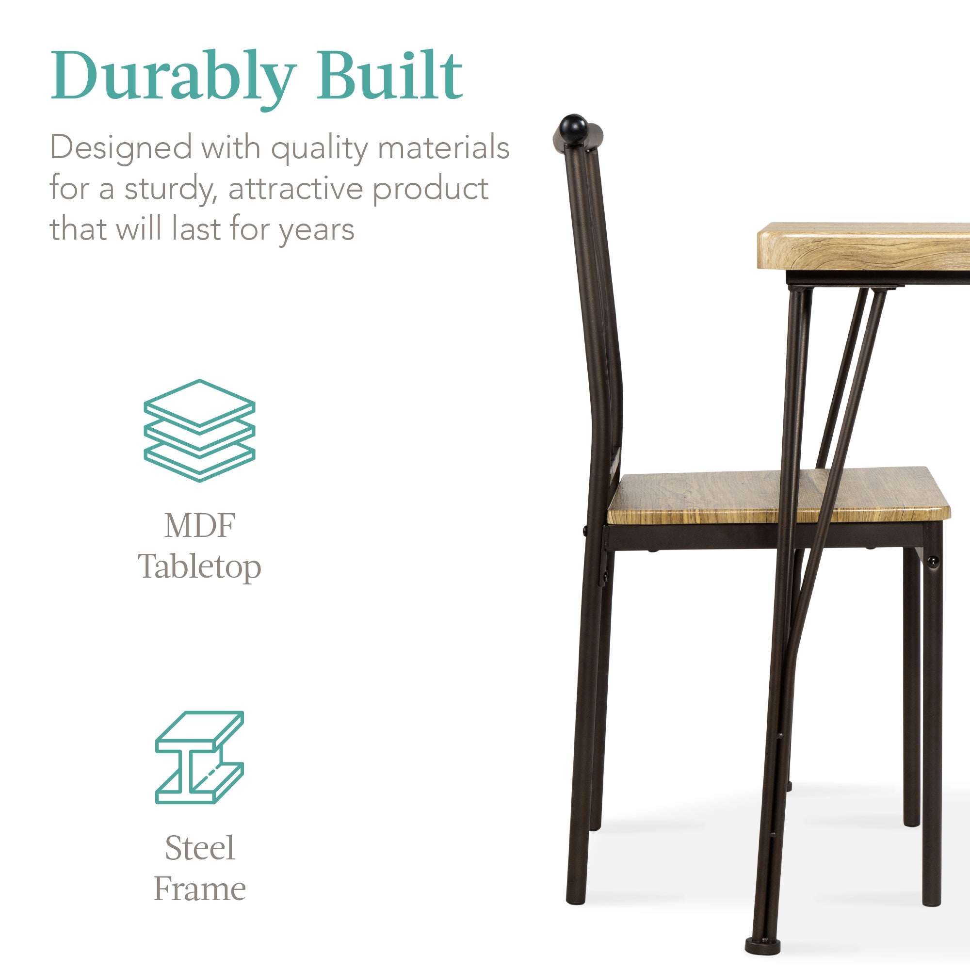 3-Piece Metal Wood Square Dining Table Furniture Set w/ 2 Chairs