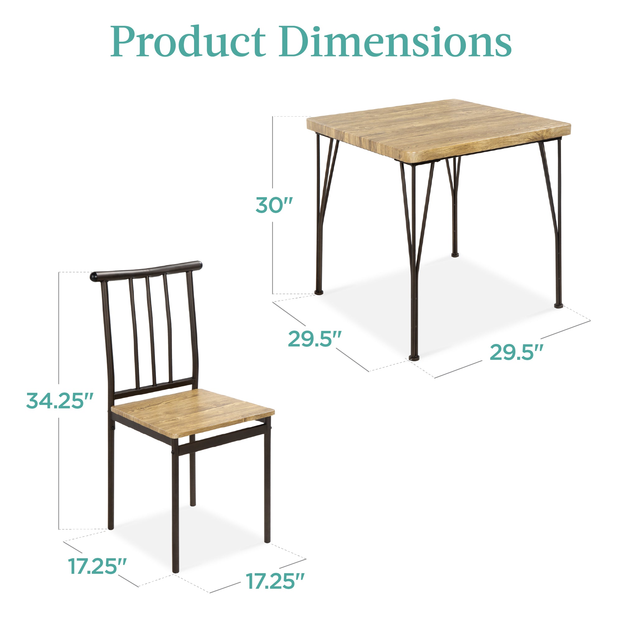 3-Piece Metal Wood Square Dining Table Furniture Set w/ 2 Chairs
