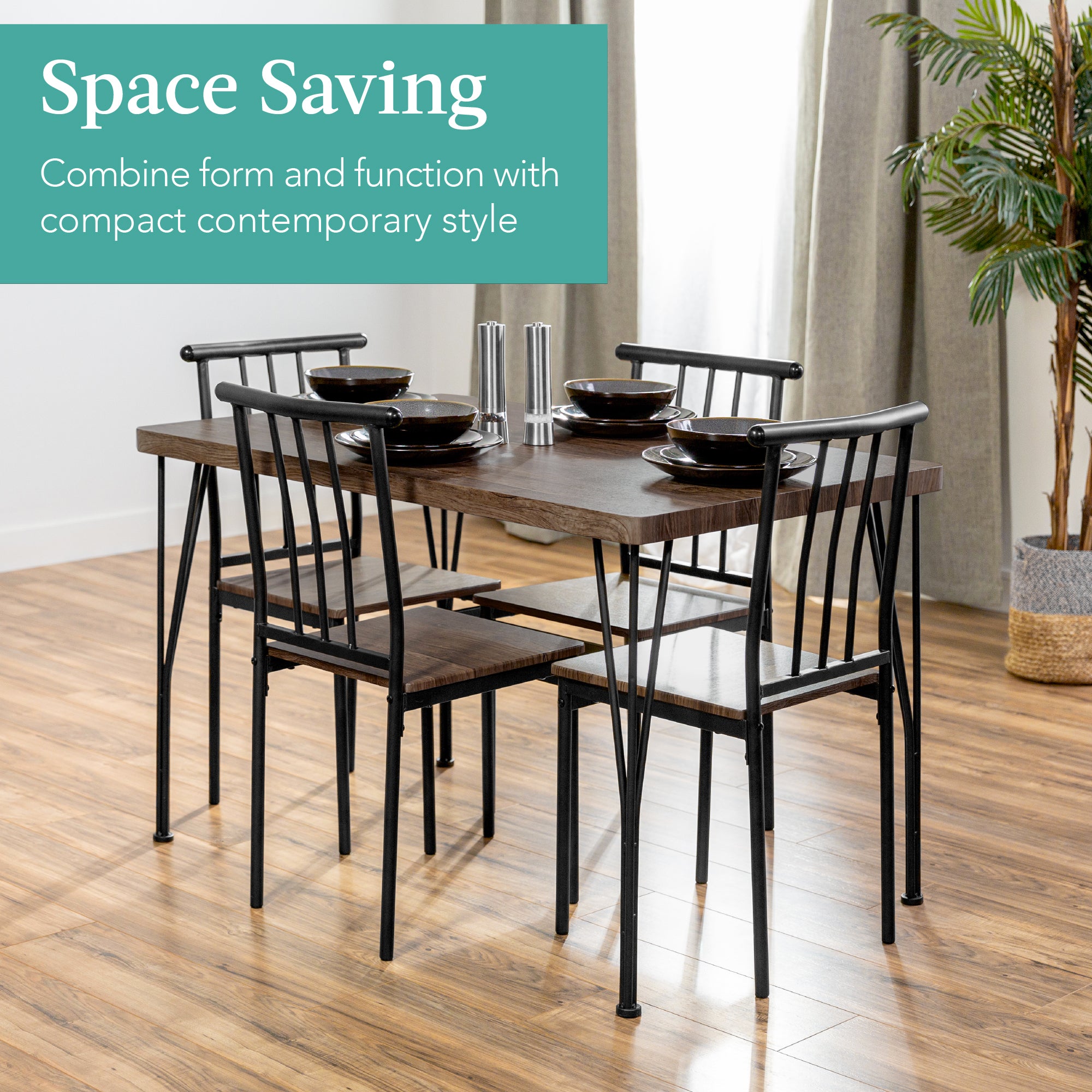 5-Piece Modern Metal and Wood Dining Table Furniture Set w/ 4 5-Piece Modern Metal and Wood Dining Table Furniture Set w/ 4