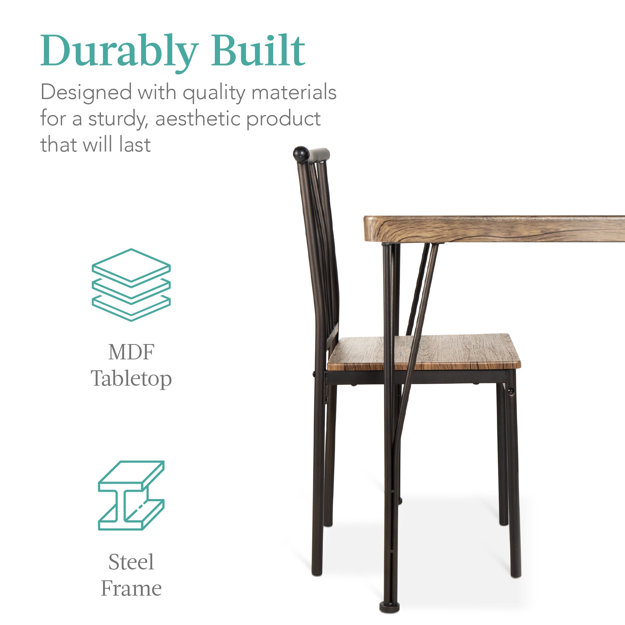 5-Piece Modern Metal and Wood Dining Table Furniture Set w/ 4