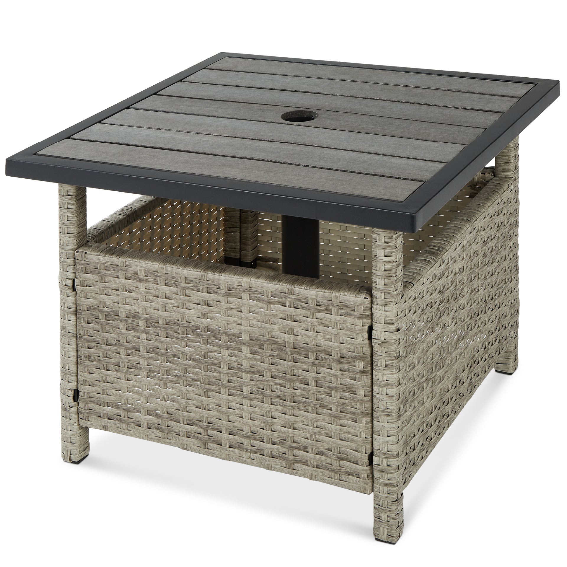 belham living carlena all weather wicker patio umbrella side table Best Choice Products with Hole, Square PE Rattan Outdoor End Table for Patio, Garden, Poolside, Deck w/UV-Resistant Frame, Storage Space Make sure furniture is completely dry before storage HAPPYGRILL Wicker Patio Umbrella Table