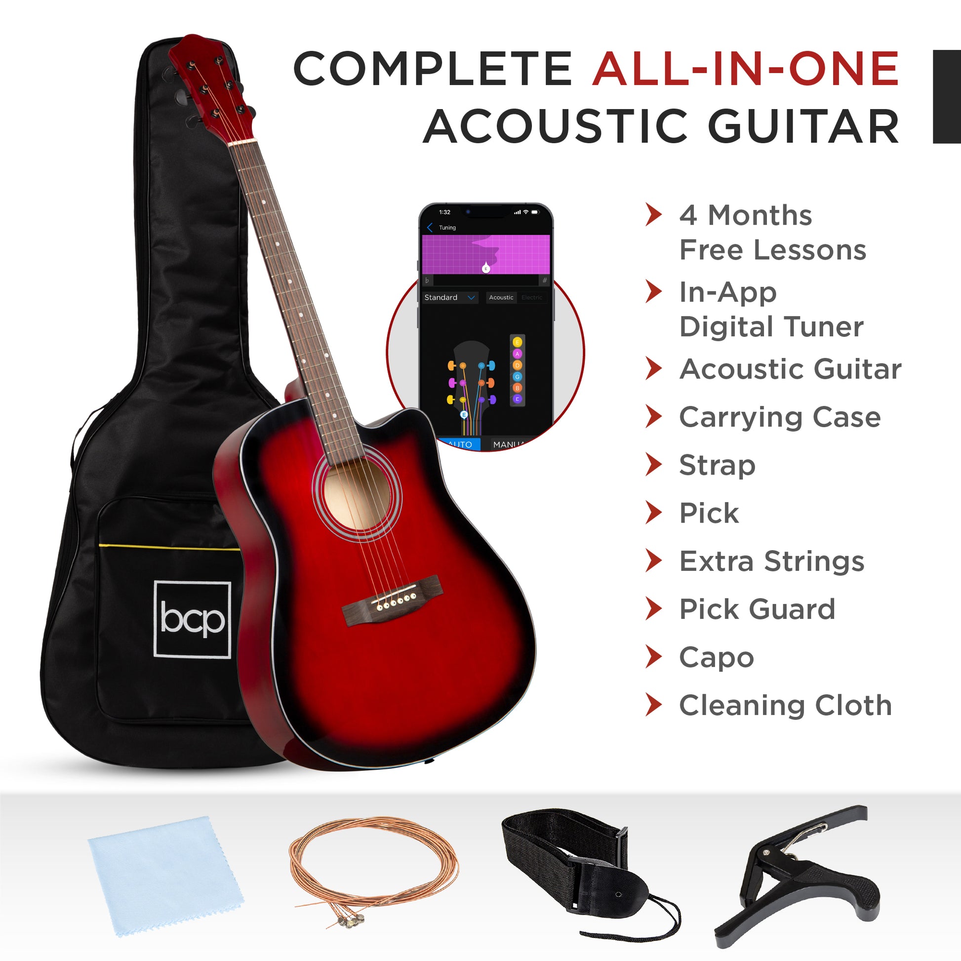 Full Size Beginner Acoustic Guitar Set with Case, Strap, Capo - 41in