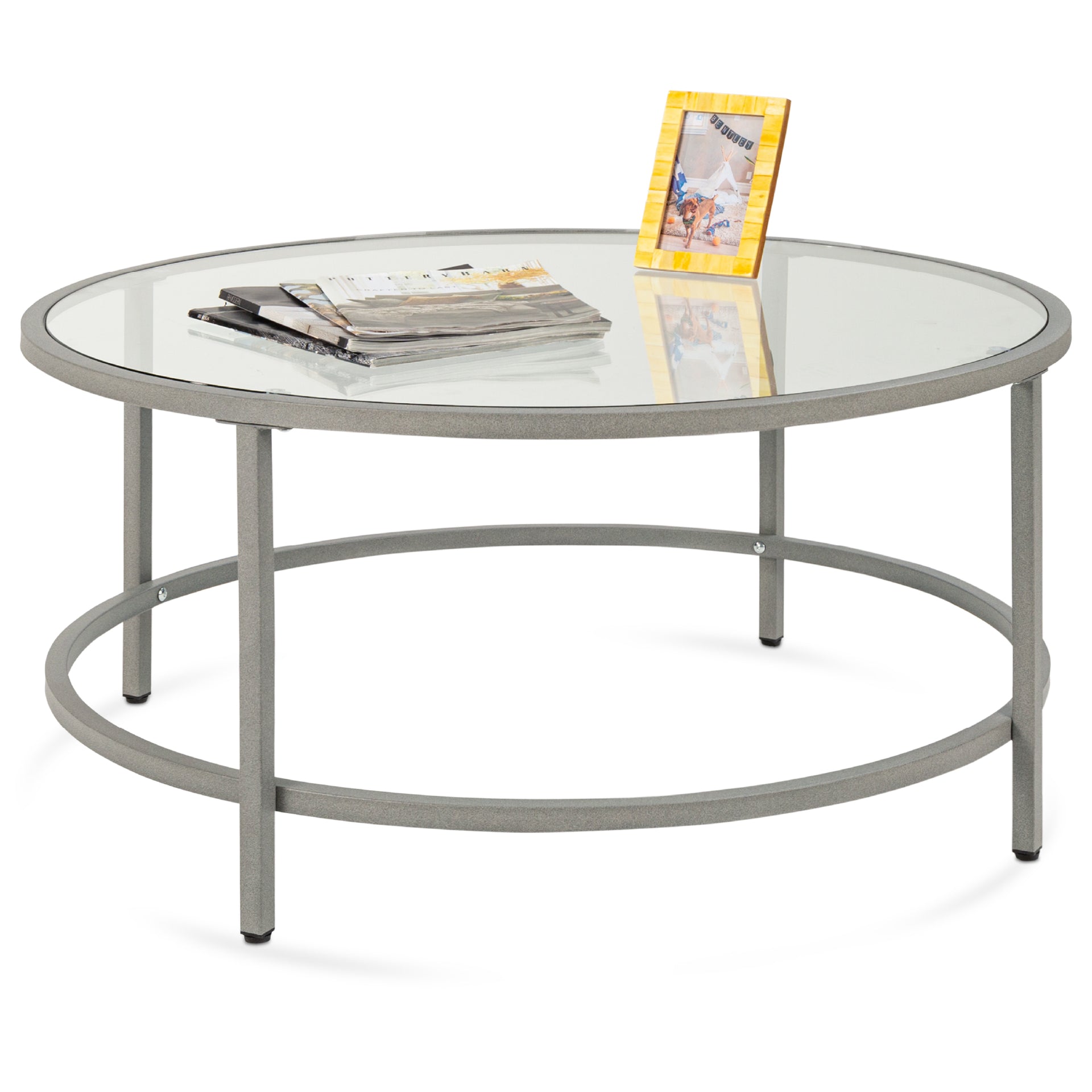 Round Tempered Glass Coffee Table w Steel Frame 36in