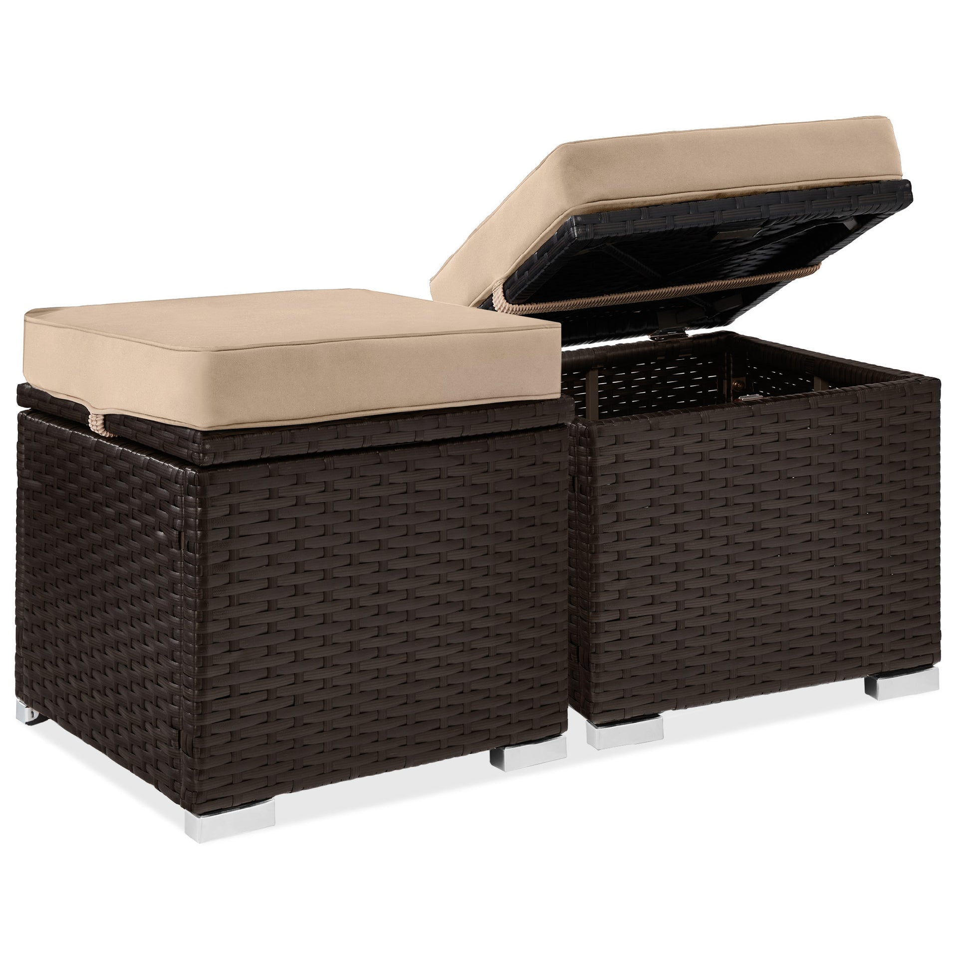 Set 2 Wicker Ottomans Multipurpose w Removable Cushions Steel Frame