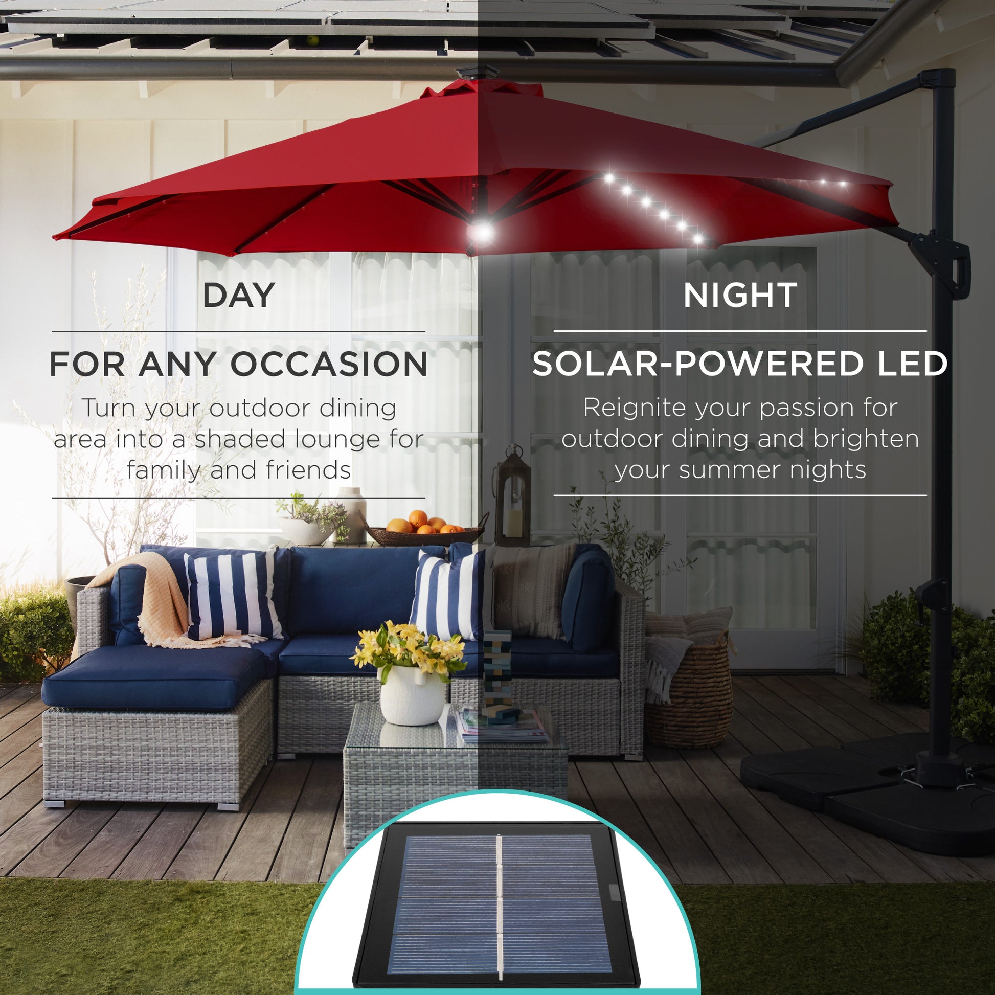 led patio umbrella EliteShade 9ft Three-Tier Solar Market Eurmax Counterweight base not included. Sunvilla 10' Round Solar LED