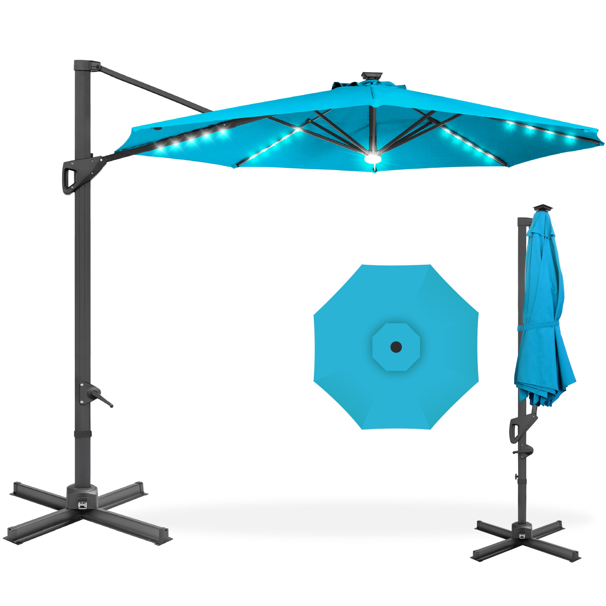 Best Choice Products 10ft 360 Degree Solar LED Lit Cantilever Patio Umbrella Outdoor Hanging Shade Cerulean