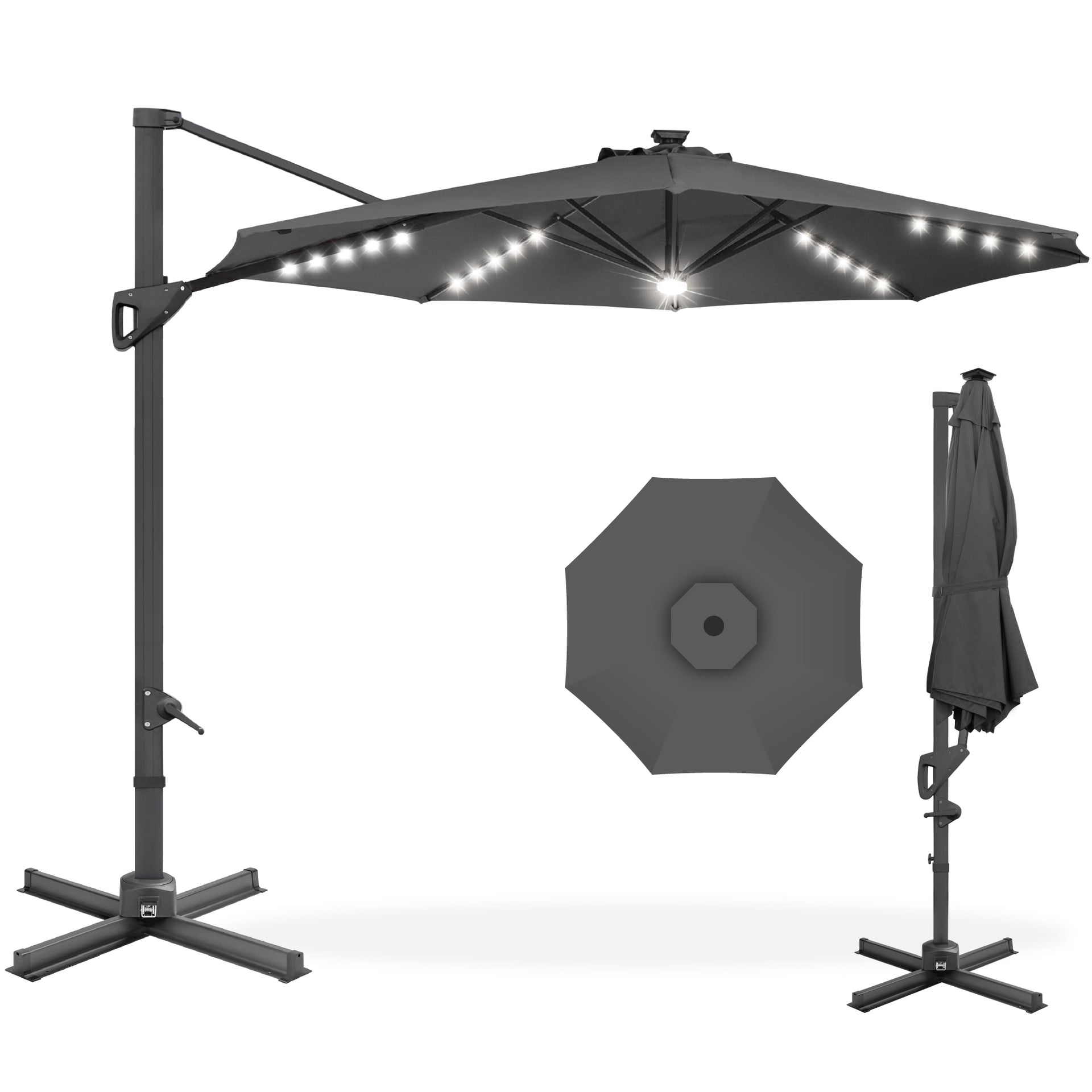 10ft solar led cantilever offset patio umbrella 360dgrees rotation aluminum Best Choice Products 10ft 360-Degree Solar LED Lit Cantilever Patio Umbrella, Outdoor Hanging Shade