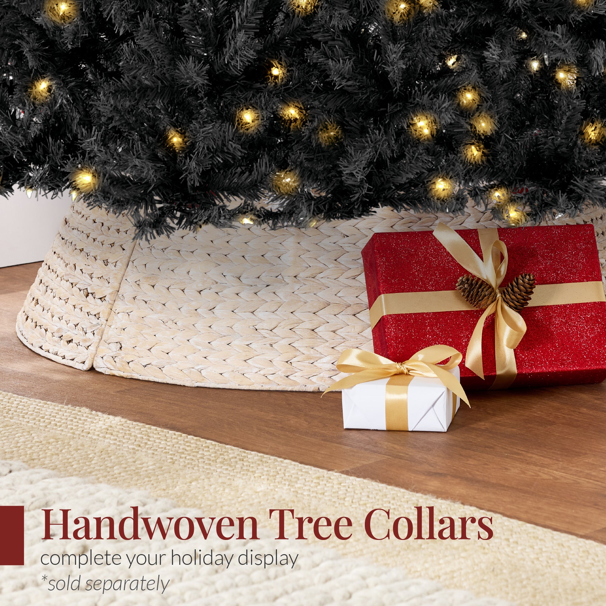 Pre-Lit Artificial Black Christmas Tree w/ Incandescent Lights, Metal Stand