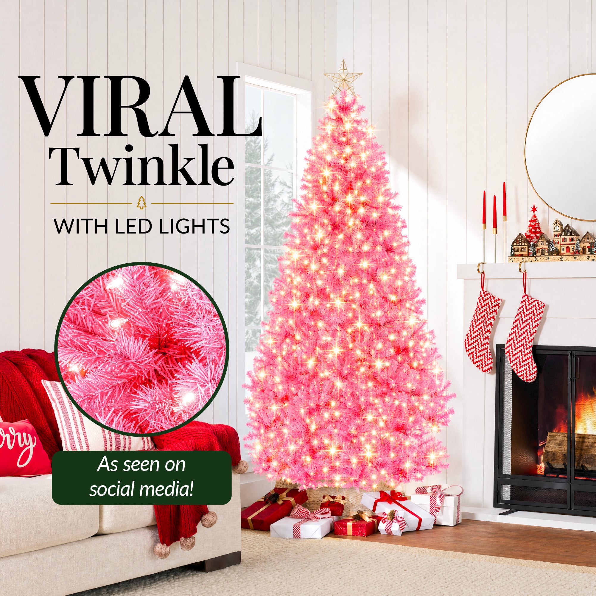 Pre-Lit Pink Christmas Tree w/ Twinkling LEDs Artificial Pine