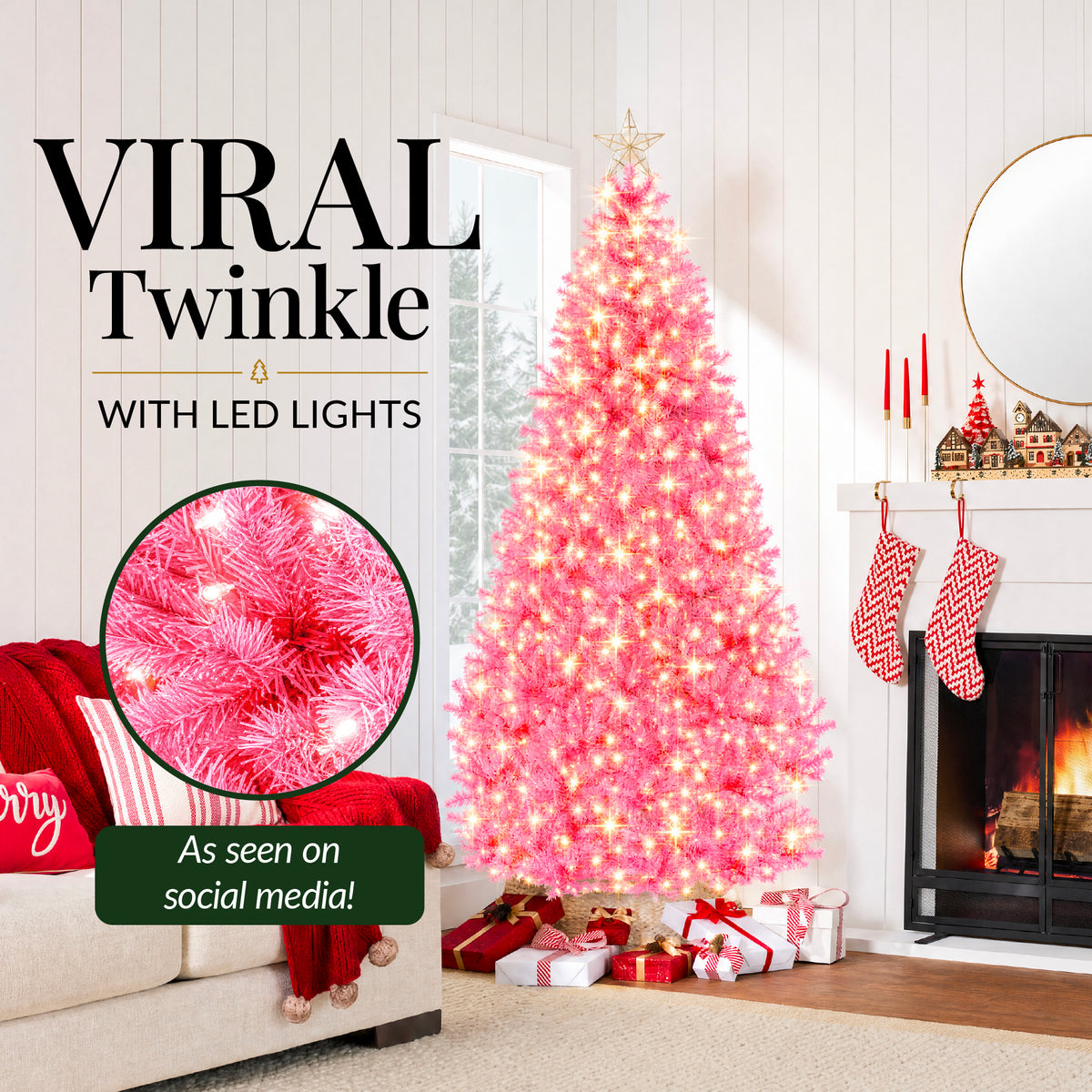 Pre-Lit Pink Christmas Tree w/ Twinkling LEDs Artificial Pine Holiday Decor