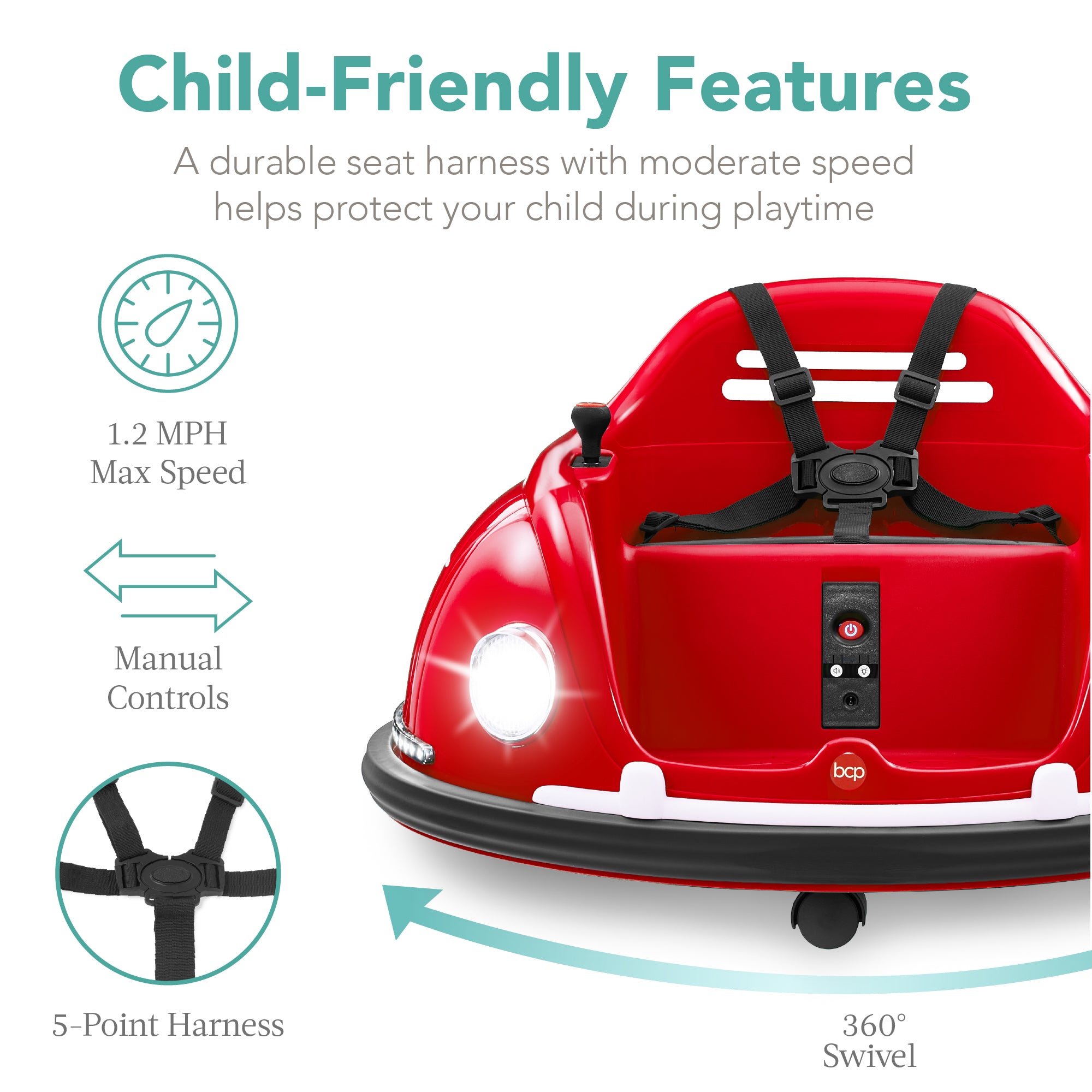 6V Kids Ride On Bumper Car Toy w/ Remote, Harness, Lights, 360