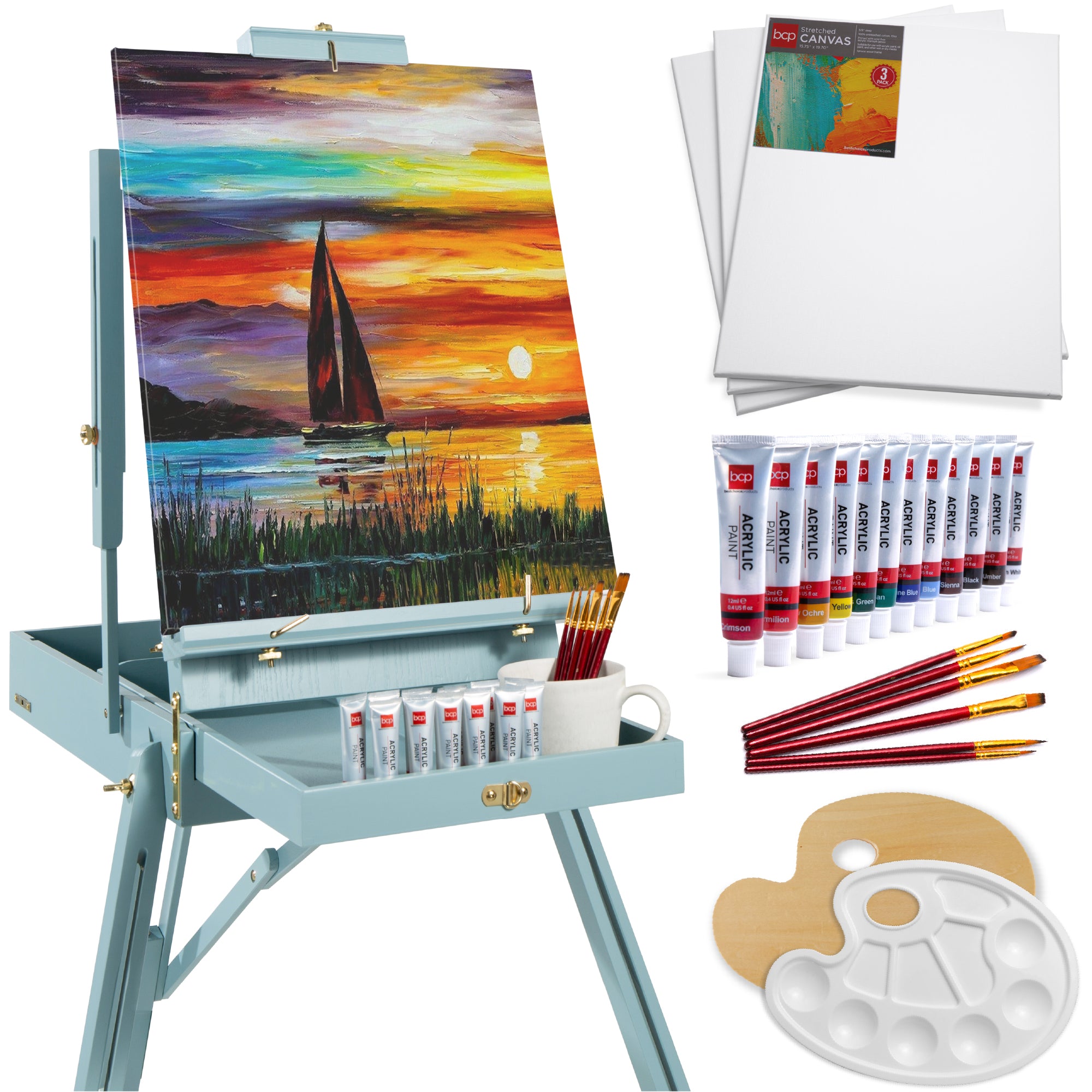 Art Easel for Painting, Portable Adjustable Tripod with 32-Piece Art Set