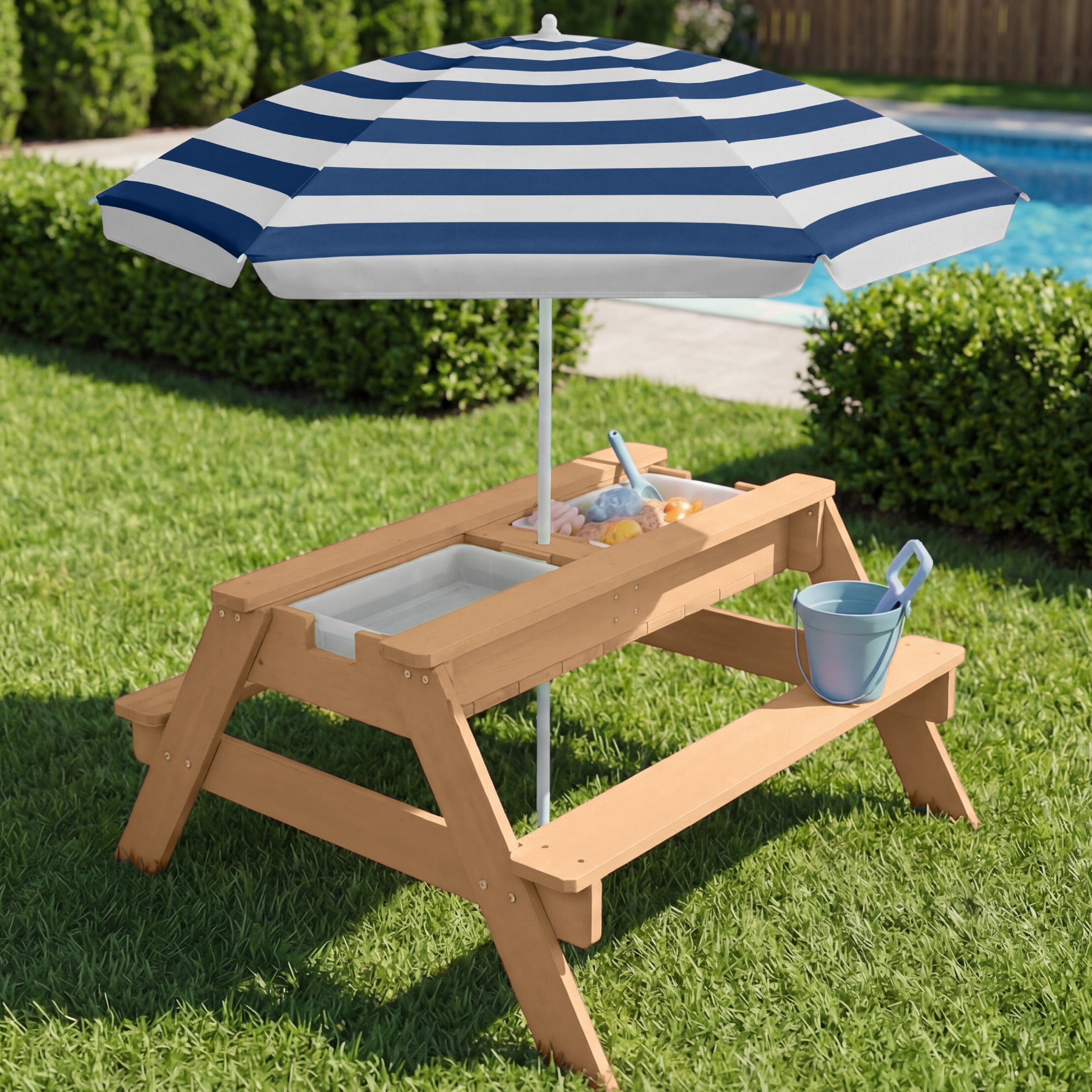 3-in-1 Kids Sand & Water Table Outdoor Wood Picnic Table w/ Umbrella