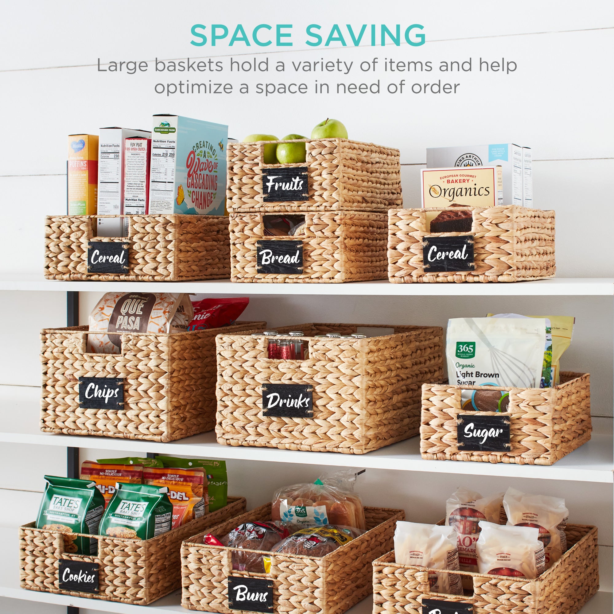 Set of 4 Water Hyacinth Pantry Baskets w/ Chalkboard, Marker