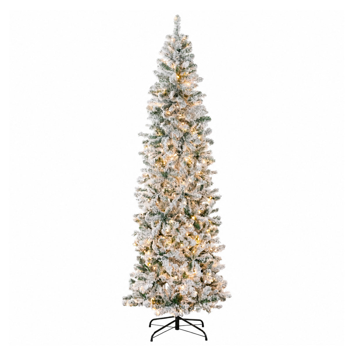 Artificial Pencil Christmas Tree w/ Twinkling Lights, Flocked Pre-Lit Pine