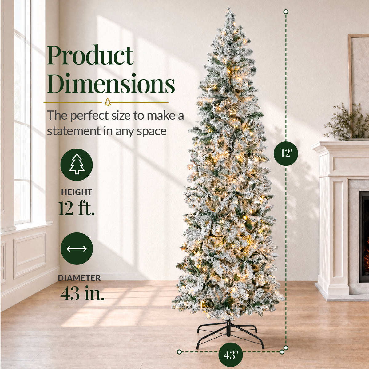 Artificial Pencil Christmas Tree w/ Twinkling Lights, Flocked Pre-Lit Pine