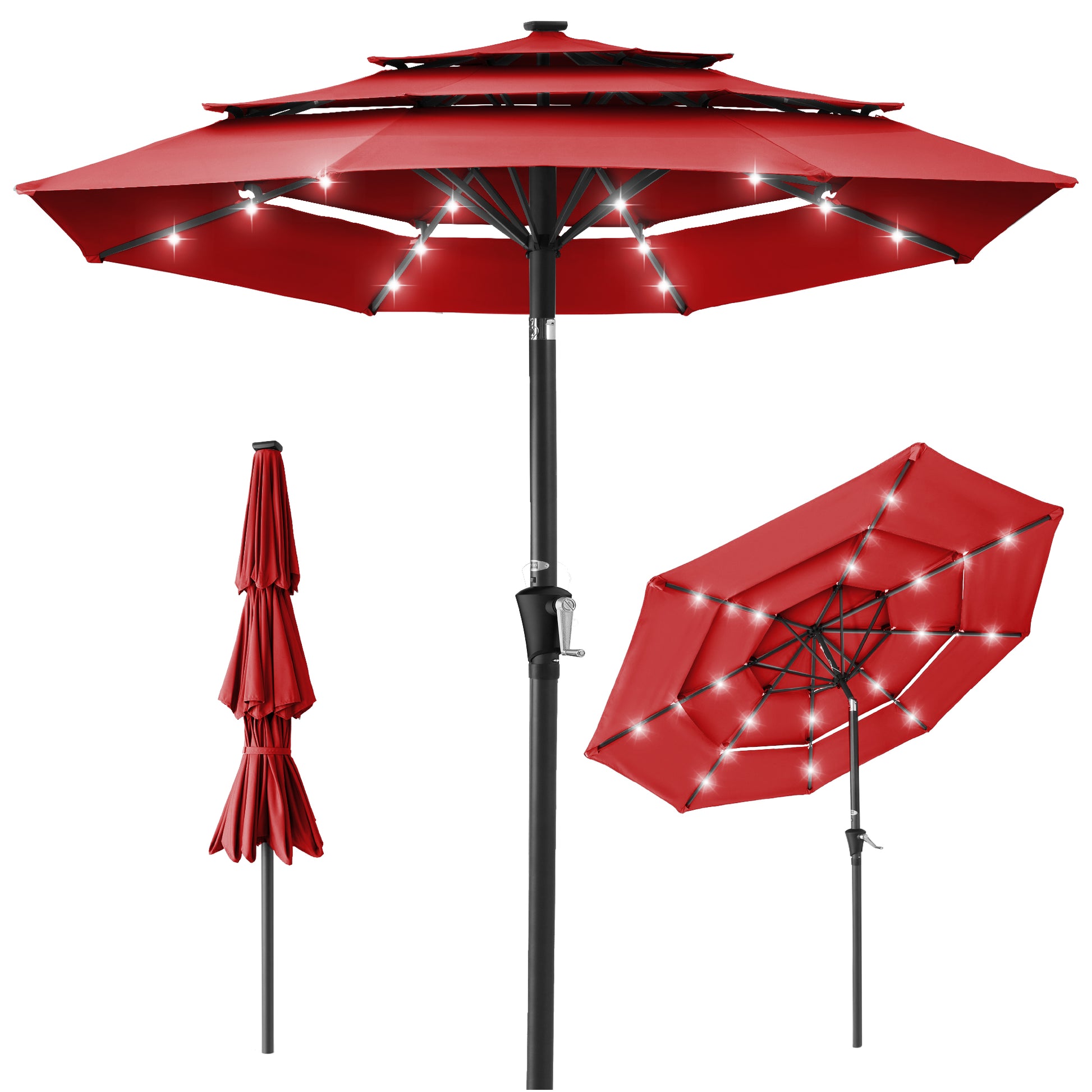 bud light patio umbrella for sale 3-Tier Solar Patio Umbrella w/ LED Lights, Tilt Adjustment, Crank