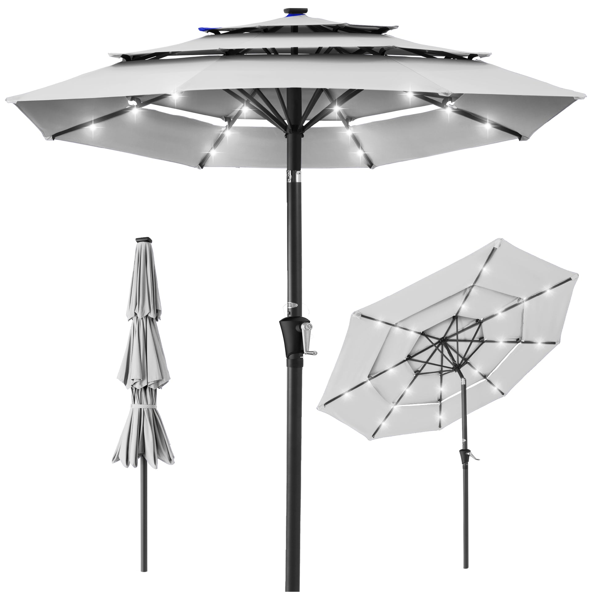 7 patio umbrella with lights and silver aluminum pole 3-Tier Solar Patio Umbrella w/ LED Lights, Tilt Adjustment, Crank