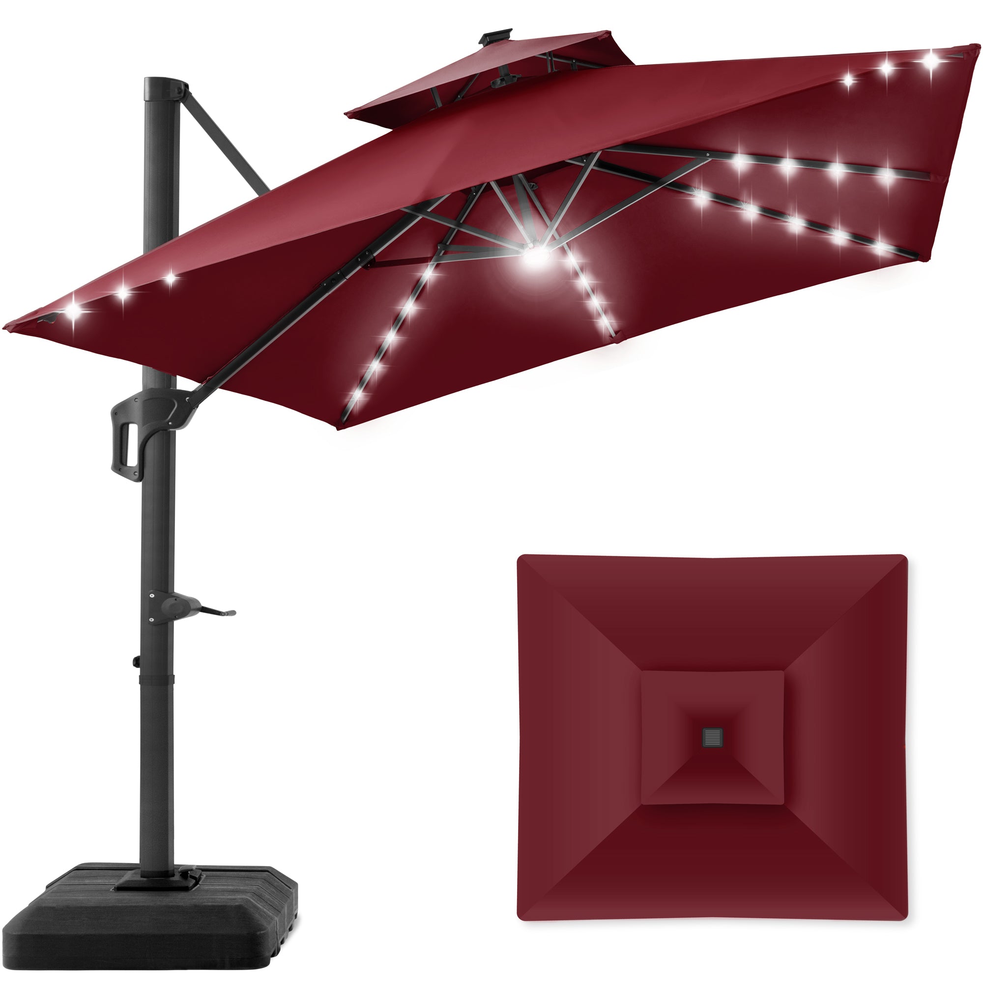 Best Choice Products 10x10ft 2 Tier Square Outdoor Solar LED Cantilever Patio Umbrella w Base Included Burgundy