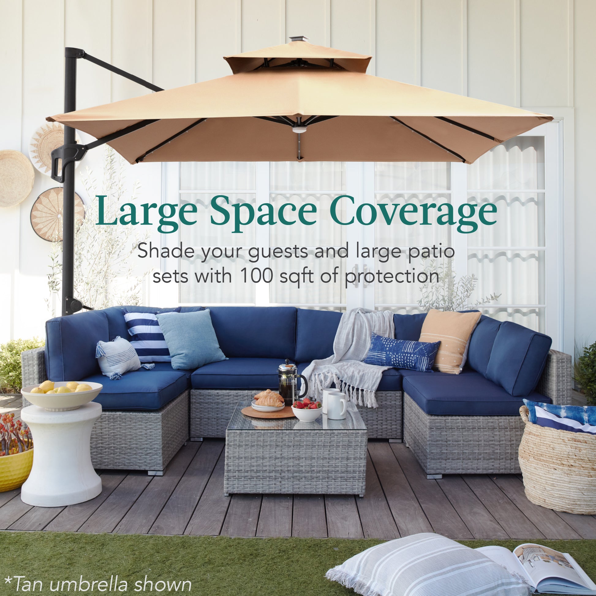 cheap patio table with umbrella Best Choice Products 10x10ft 2-Tier Square Outdoor Solar LED Cantilever Patio Umbrella w/ Base Included