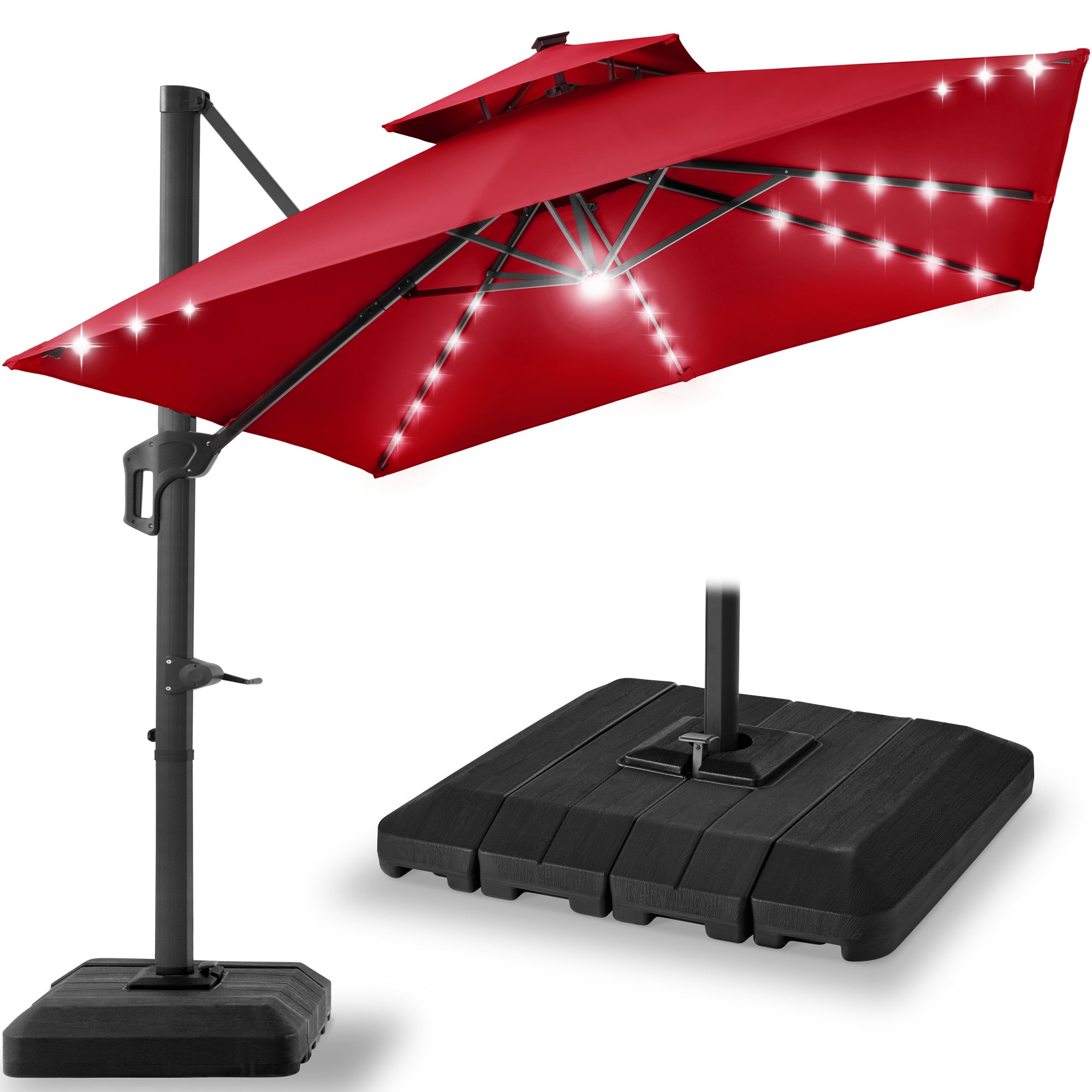 2-Tier Square LED Cantilever Offset Umbrella w/ 360 Rotation, Base - 10x10ft