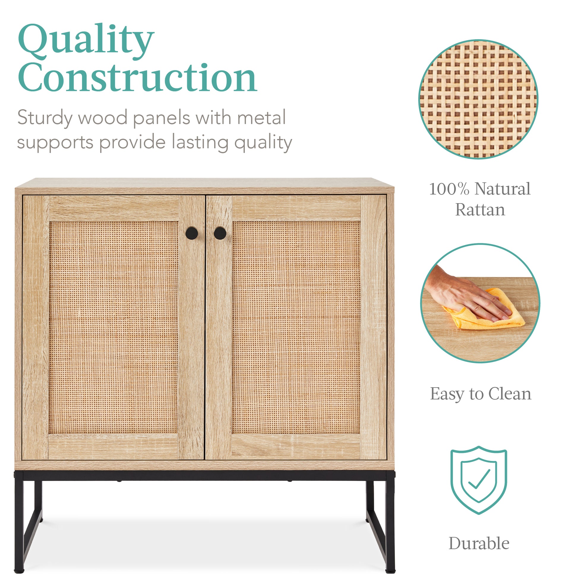 2-Door Rattan Storage Cabinet Accent Furniture for Living Room w/ Foot Pads