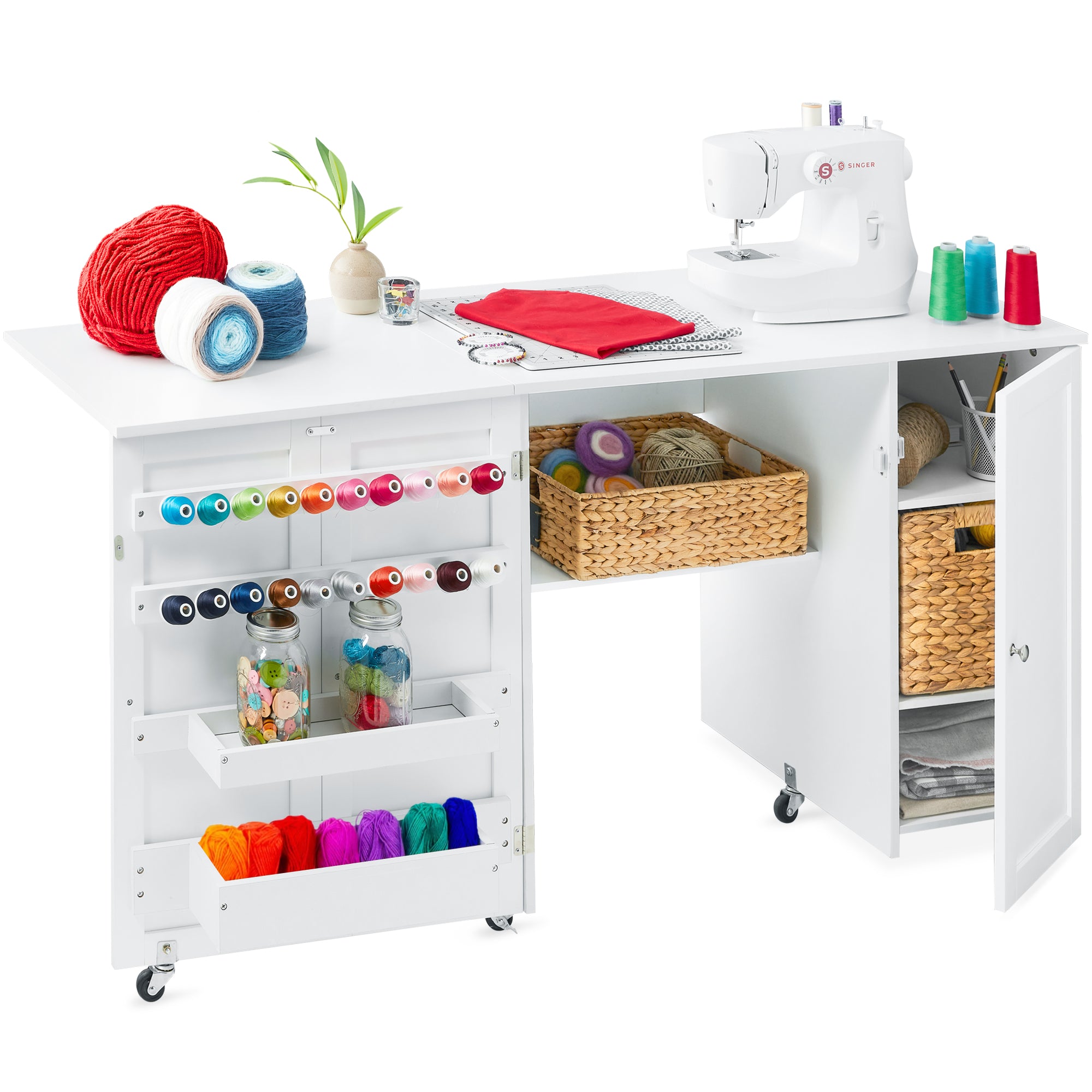Folding Sewing Craft Table, Rolling Sewing Machine Desk with Storage  Shelves, Se