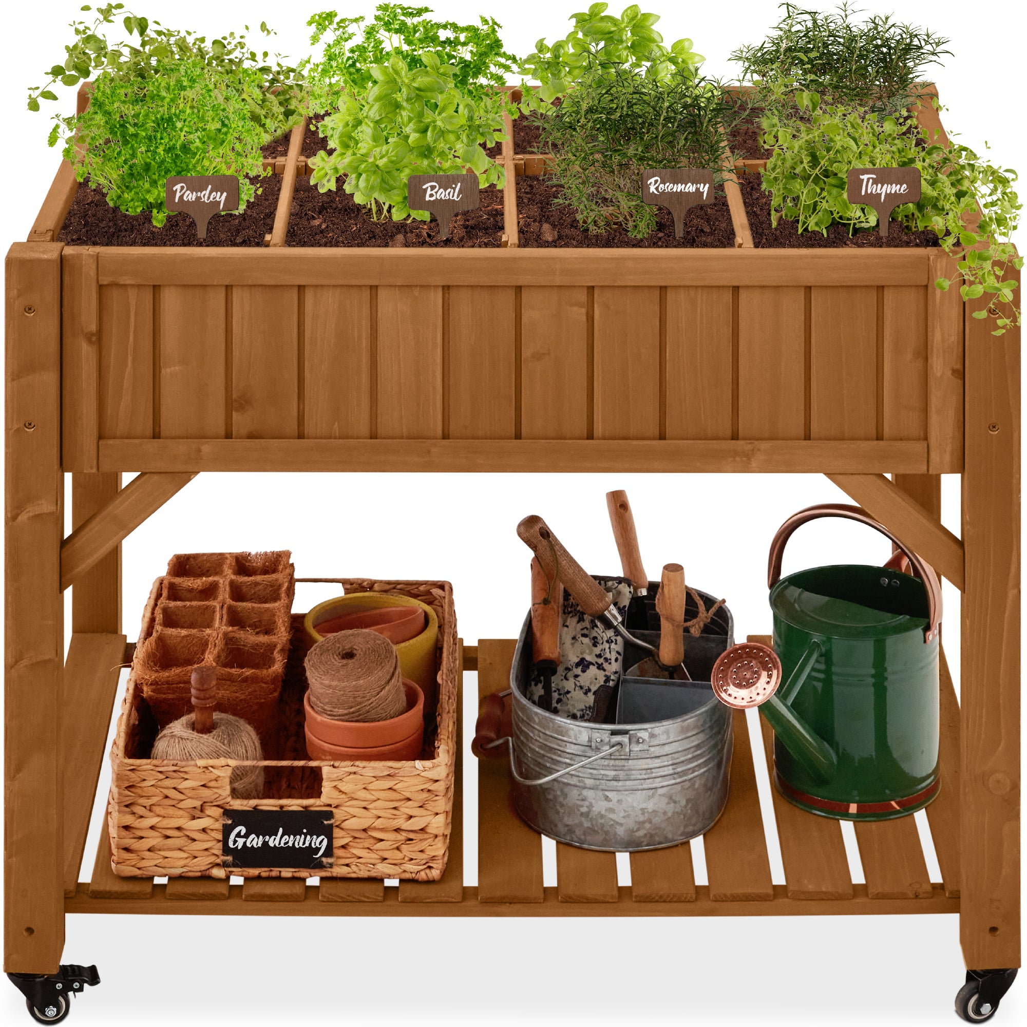 Elevated Mobile Pocket Herb Garden Bed w/ Lockable Wheels, Storage