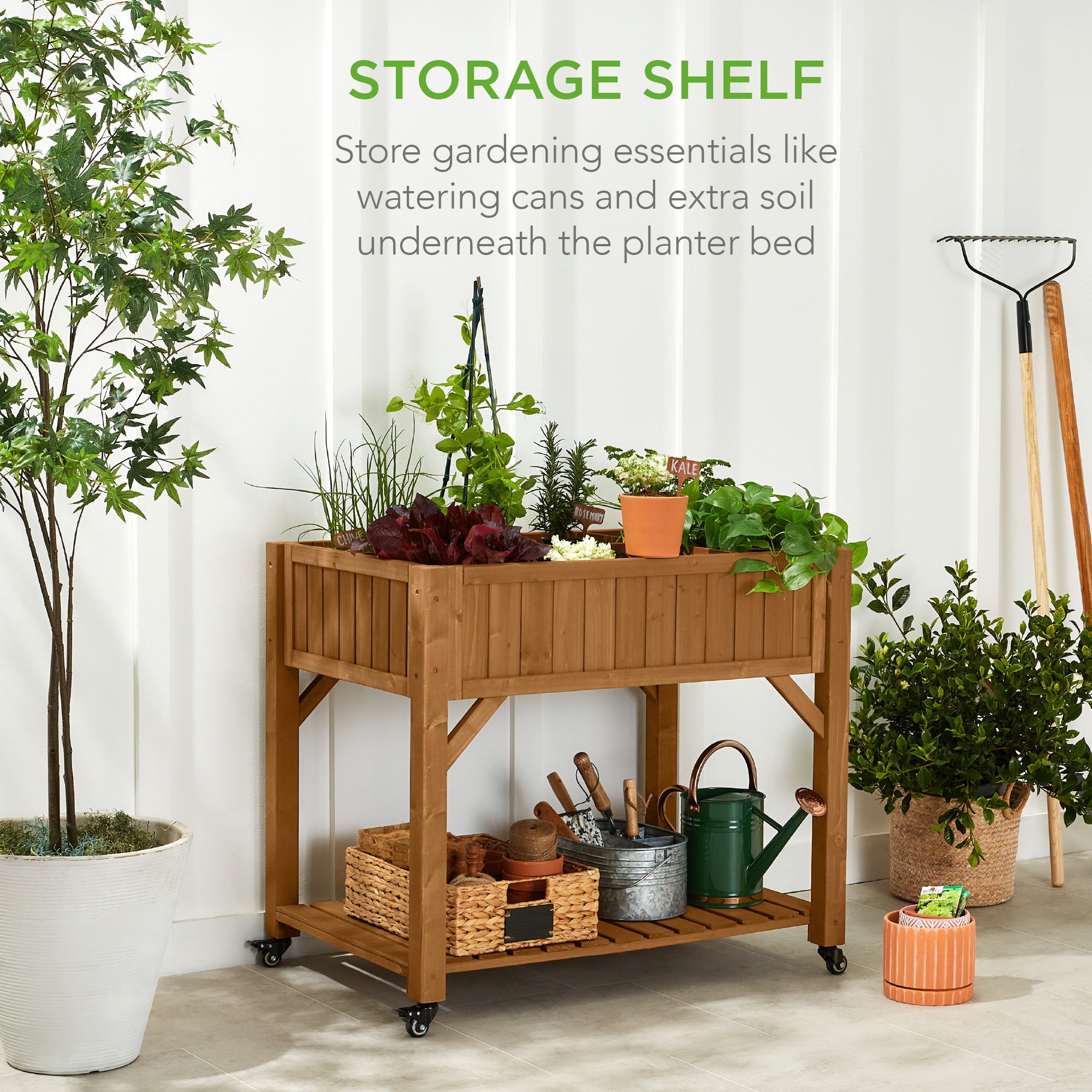 indoor planter with wheels Elevated Mobile Pocket Herb Garden Bed w/ Lockable Wheels, Storage She – Best Choice Products
