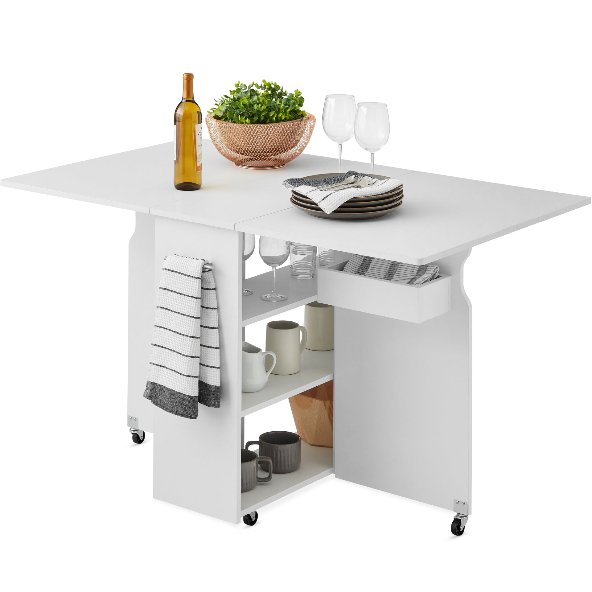 Multipurpose Folding Table w Wheels 3 Storage Shelves Cubby Handle