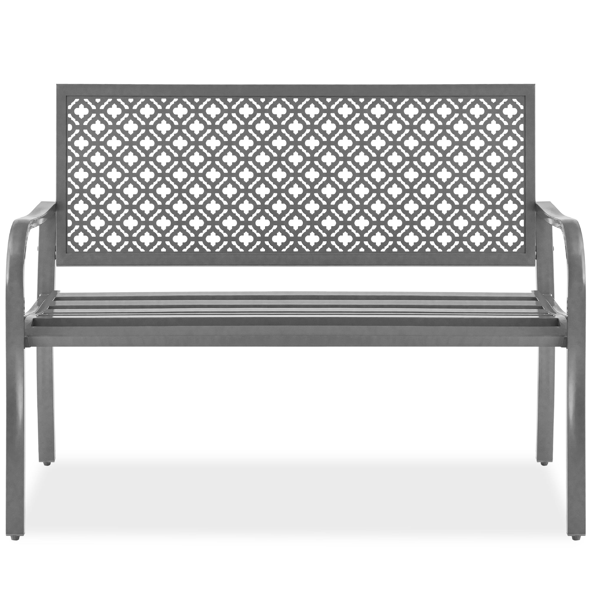 Indoor Outdoor Steel Bench w/ Geometric Backrest, Foot Levelers