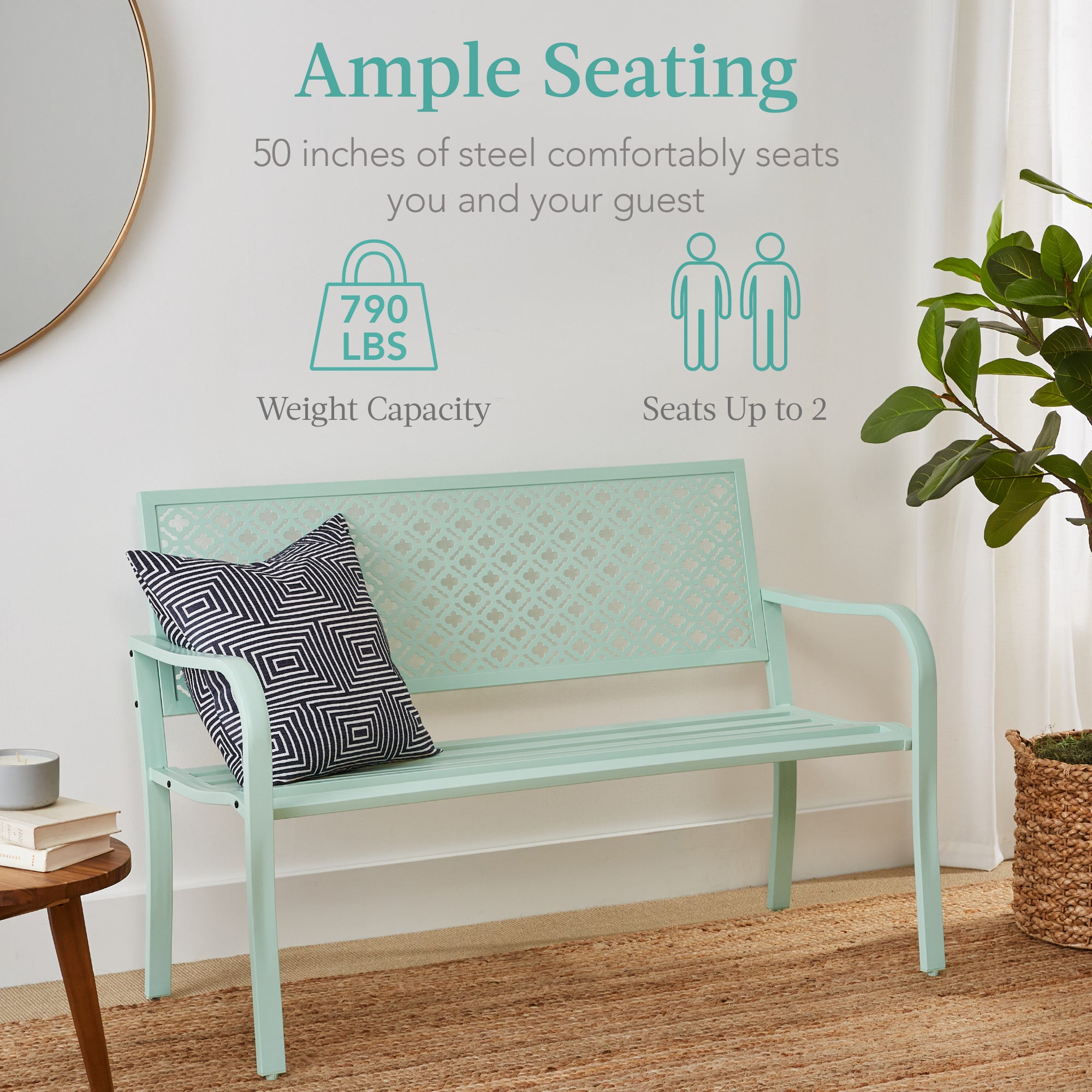 Indoor Outdoor Steel Bench w/ Geometric Backrest, Foot Levelers