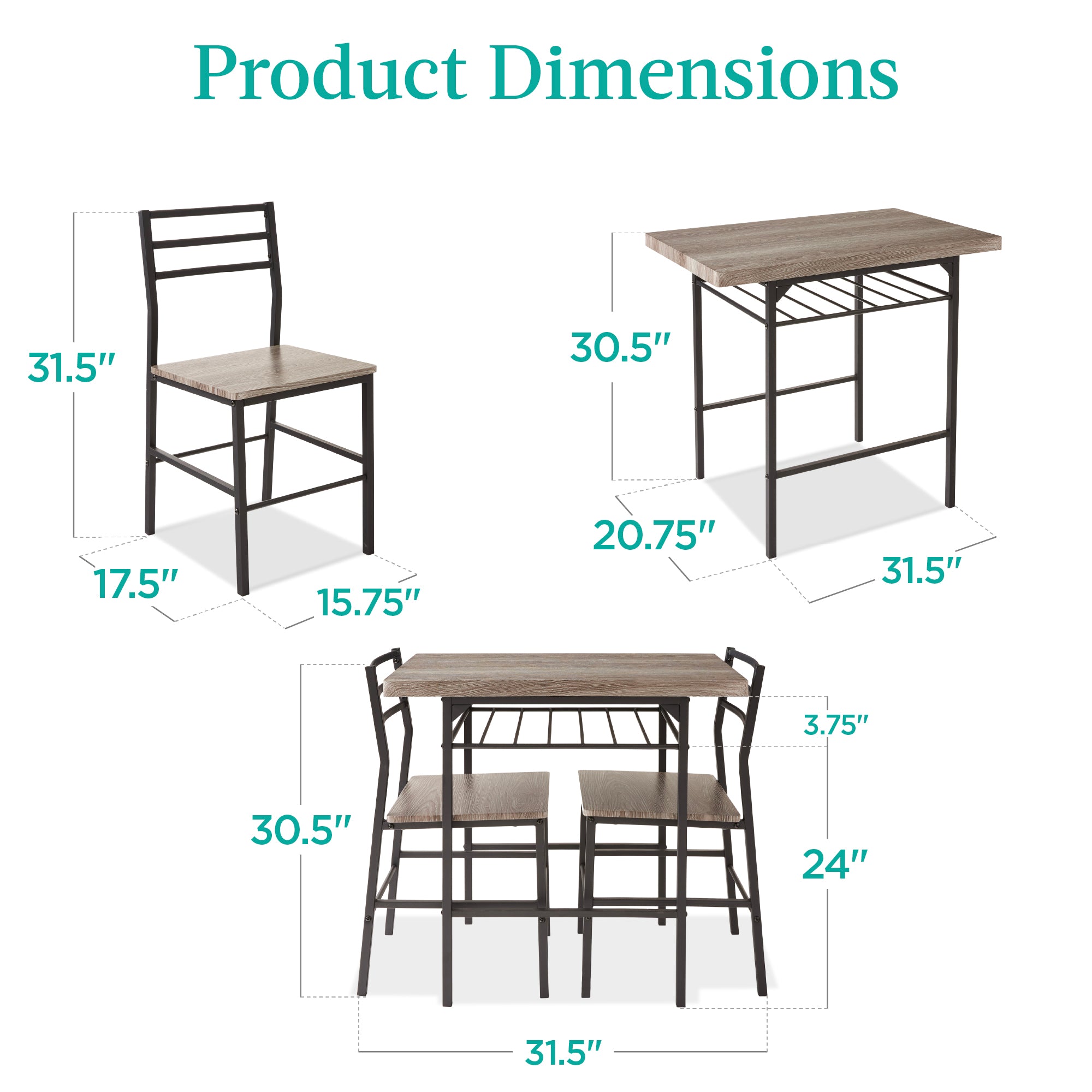 3-Piece Modern Square Dining Set w/ Storage Rack