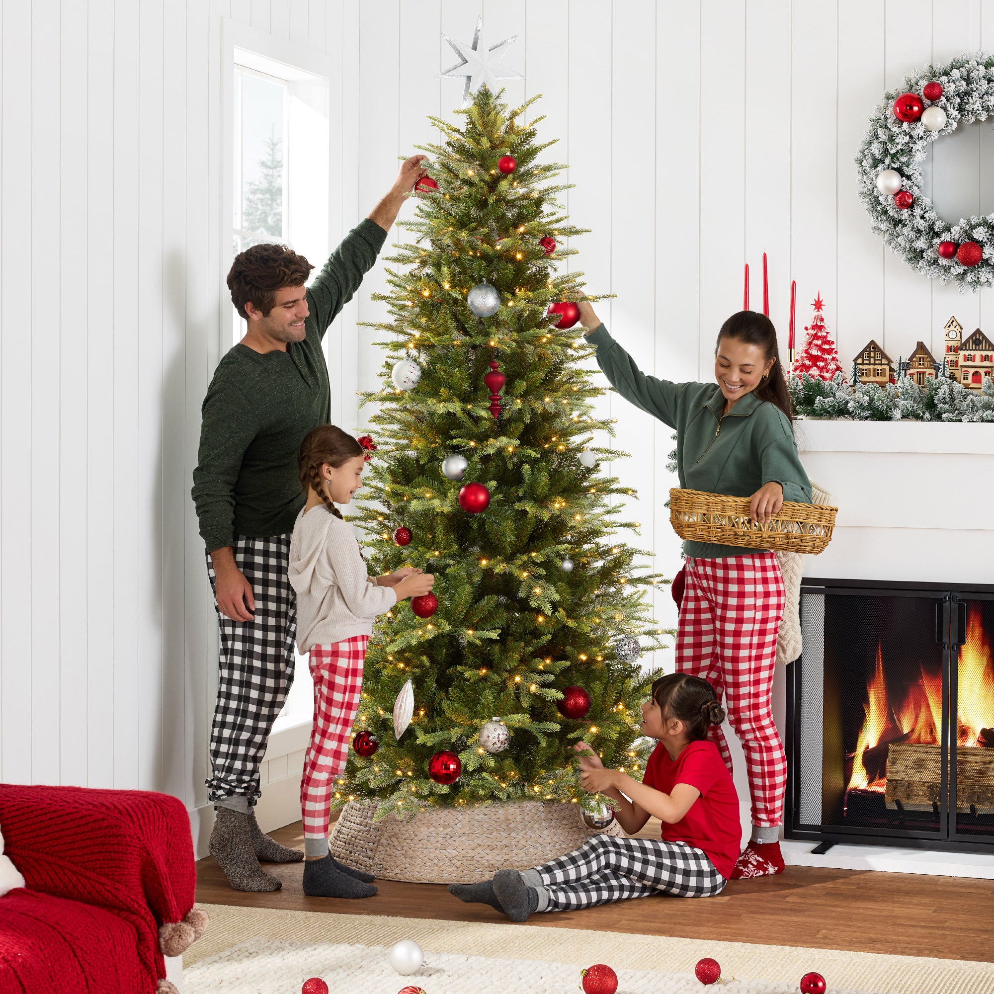 Pre-Lit Artificial Aspen Slim Noble Fir Christmas Tree w/ Metal
