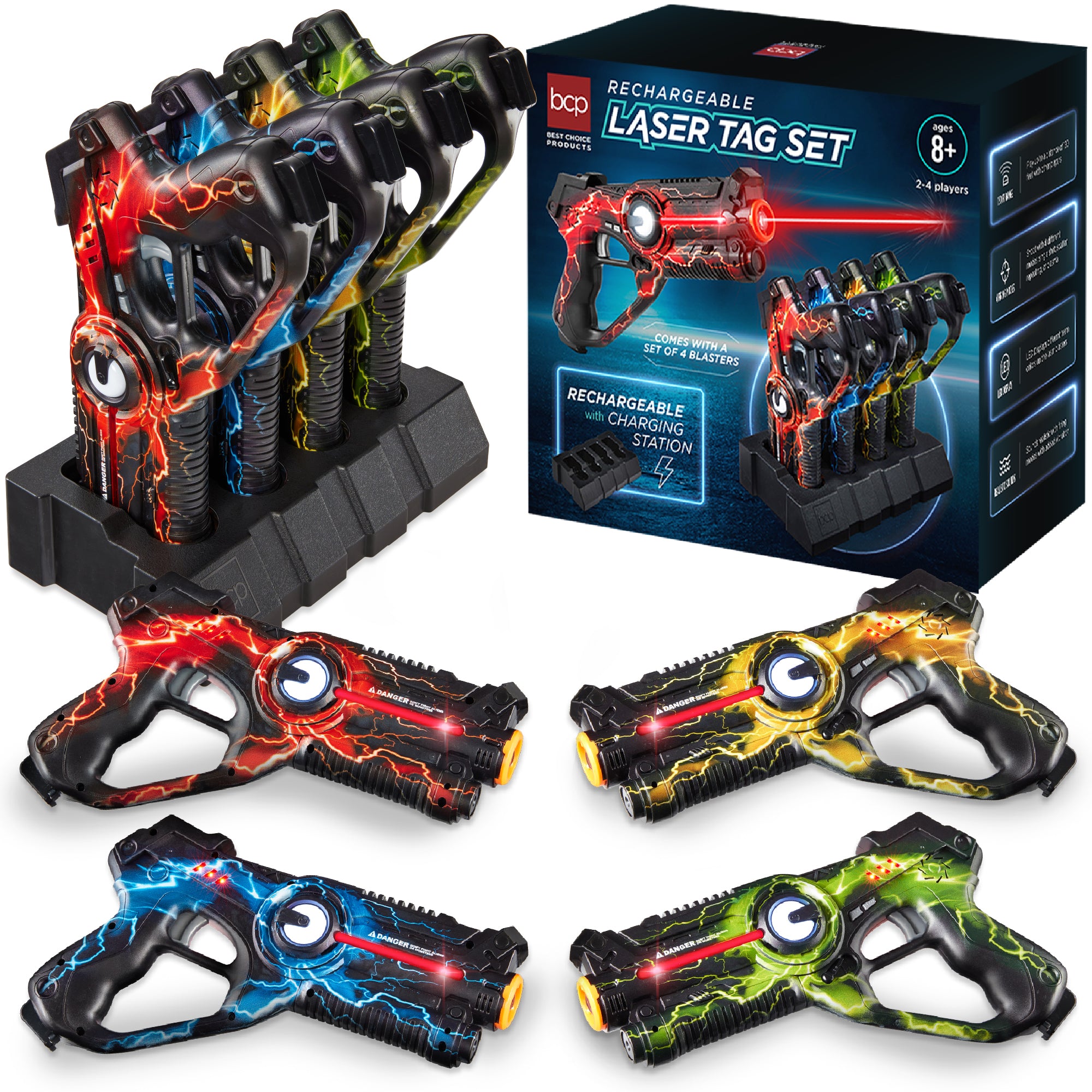 Set of 4 Rechargeable Laser Tag Blasters w/ Docking Station, No