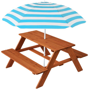 Kids  Wooden Outdoor Picnic Table w/ Adjustable Umbrella, Built-In Seats