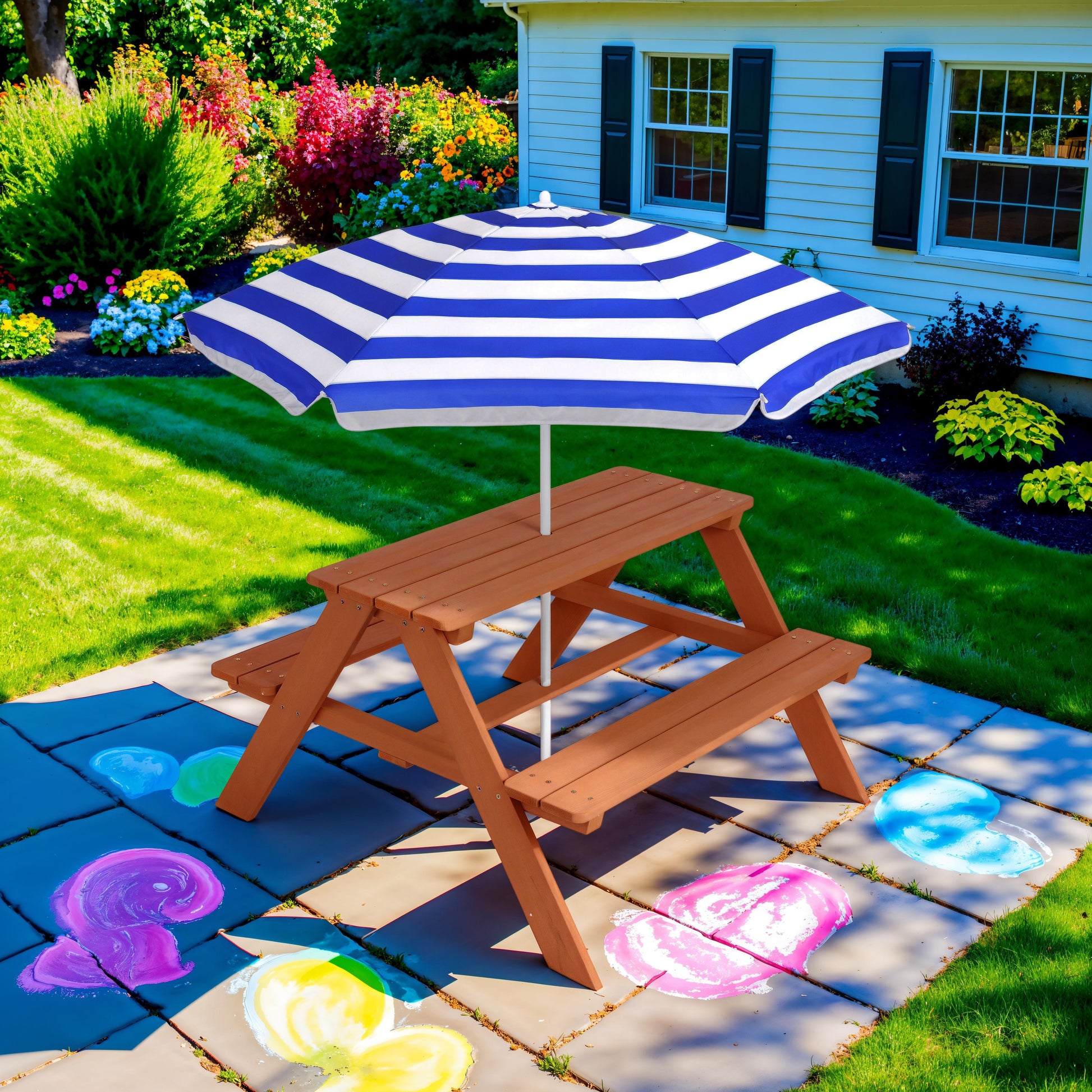 Kids Wooden Outdoor Picnic Table w/ Adjustable Umbrella, Built-In Seats