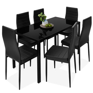 7-Piece Dining Table Set w/ Glass Top, Leather Chairs