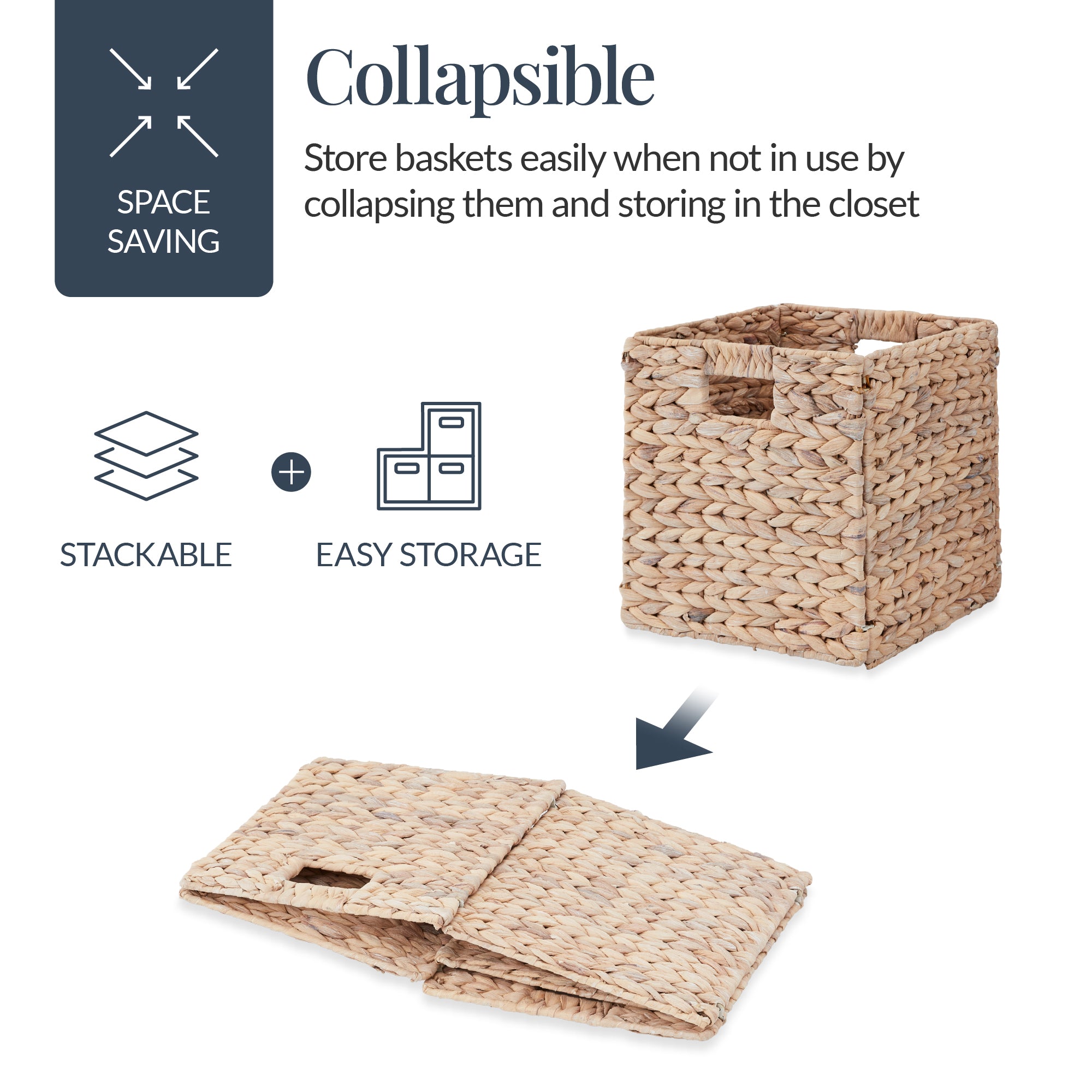 Set of 5 Collapsible Hyacinth Storage Baskets w/ Inserts - 12x12in